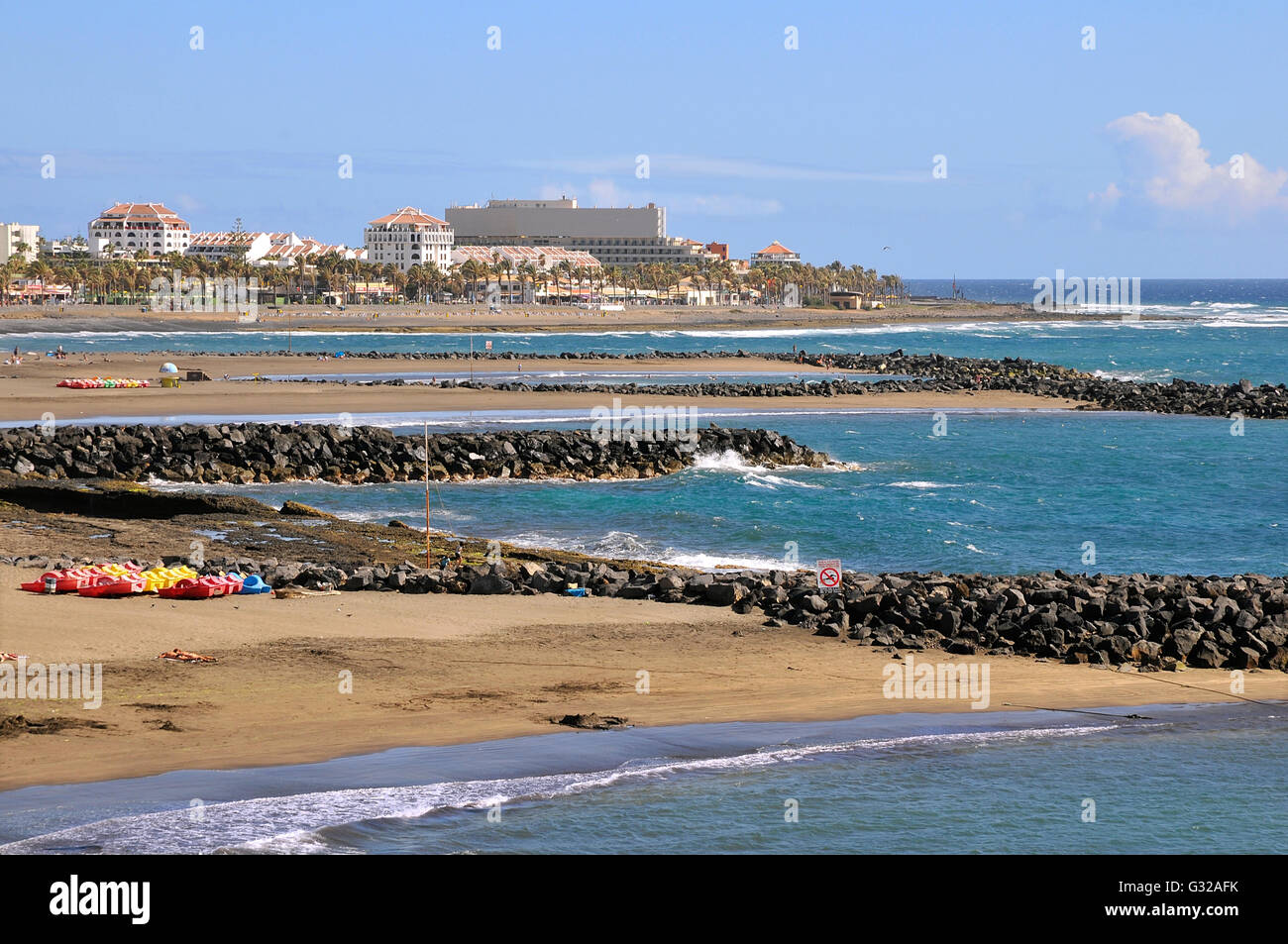 View aerial the beach and buildings of Las Americas of the southwest part of Tenerife in the Spanish Canary Islands Stock Photo