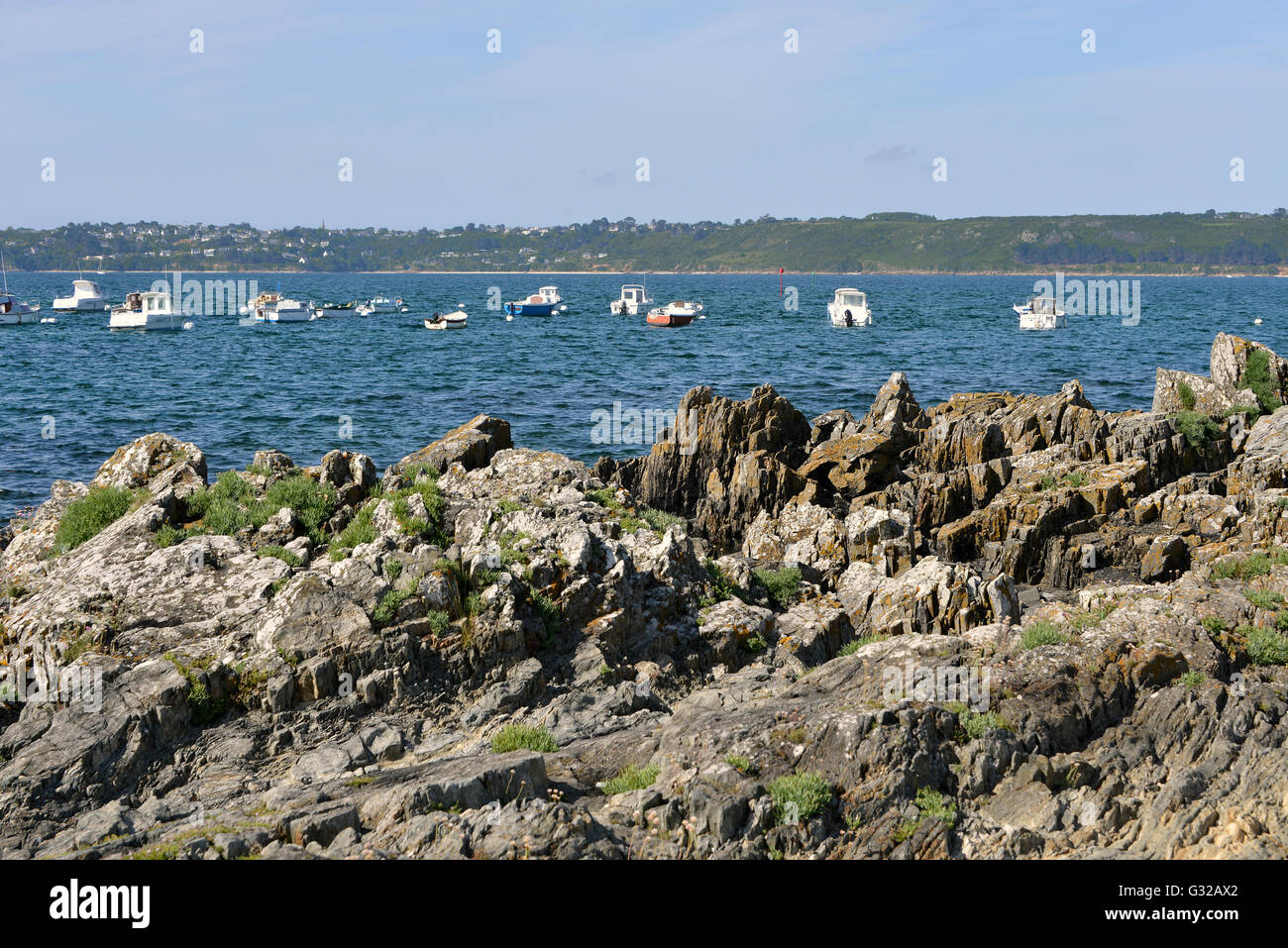 Coastline and marina of Trédrez-Locquémeau, commune in the Côtes-d'Armor department of Brittany in northwestern France Stock Photo