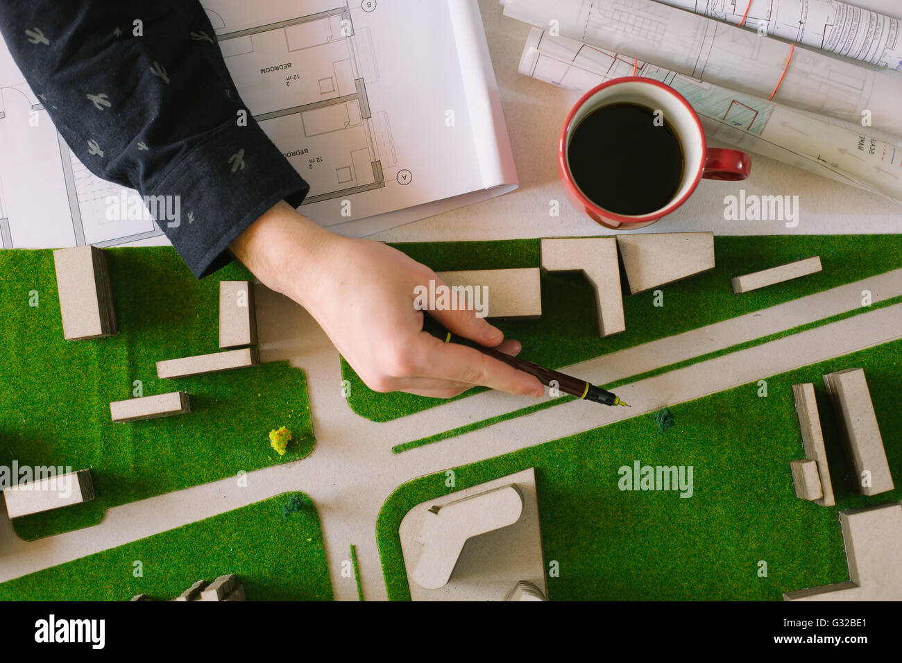 Top view of architect drawing on architectural project Stock Photo Alamy