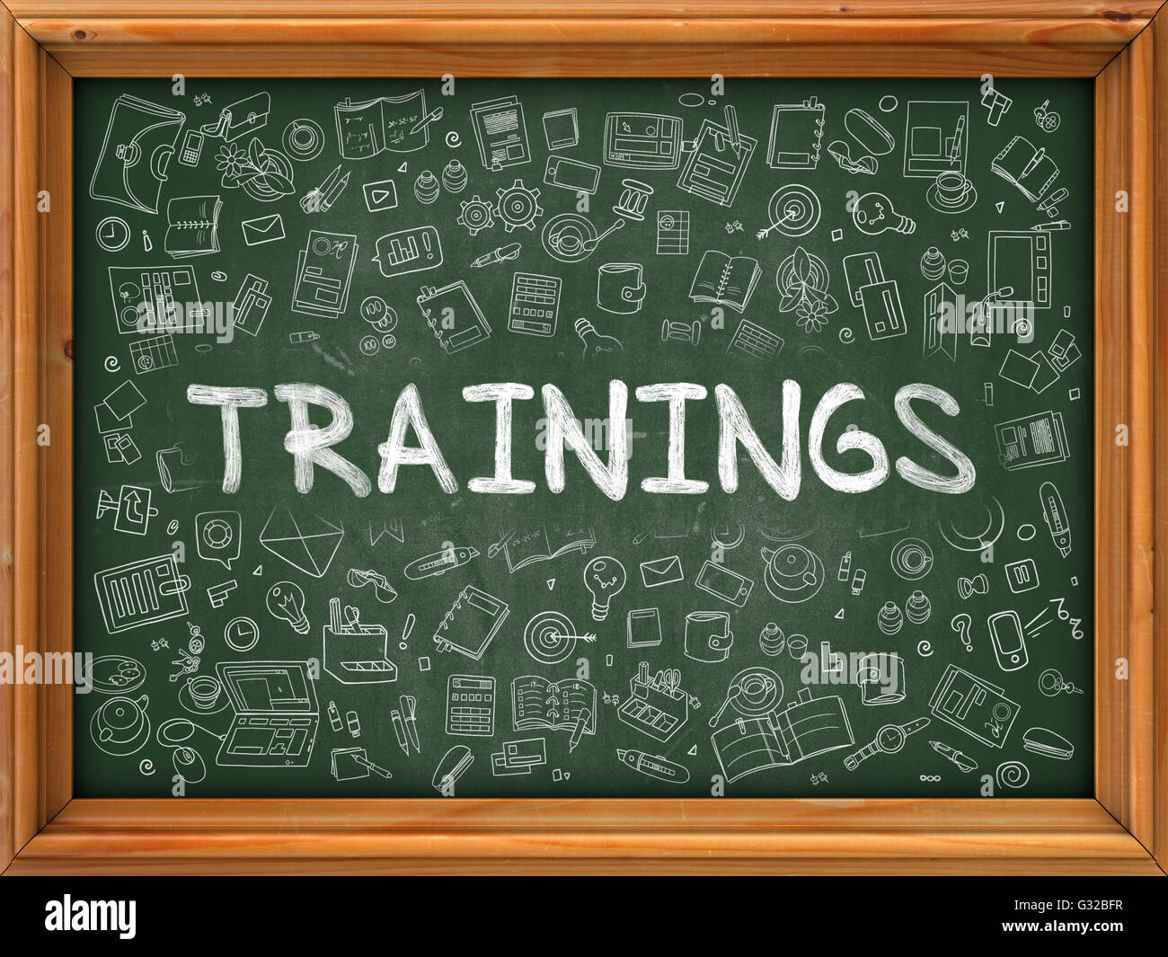 Trainings Concept. Green Chalkboard with Doodle Icons Stock Photo - Alamy