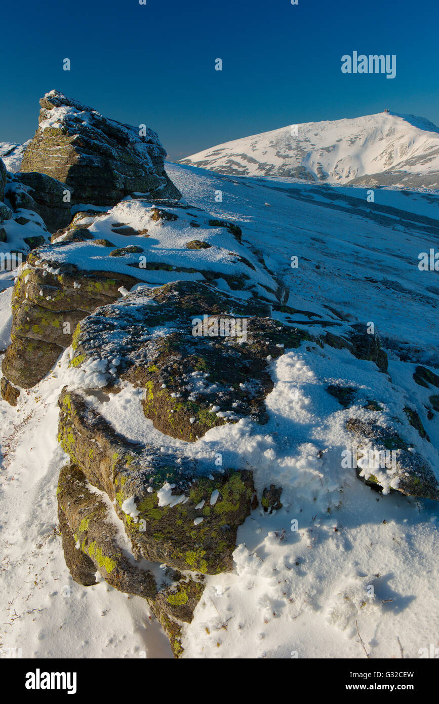 Winter Carpathian mountains; rock and a morning light Stock Photo