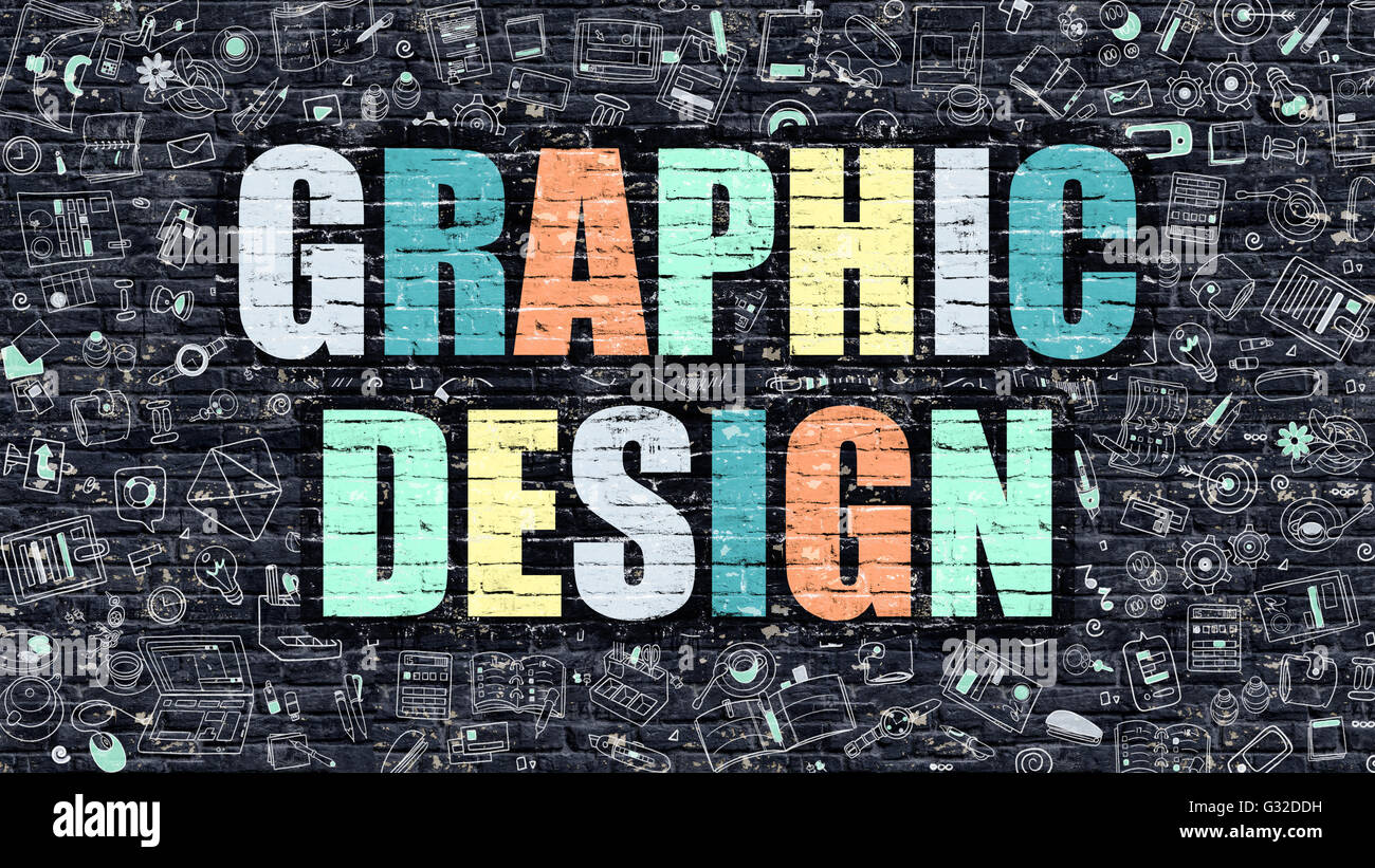 Graphic Design Concept. Multicolor on Dark Brickwall. Stock Photo