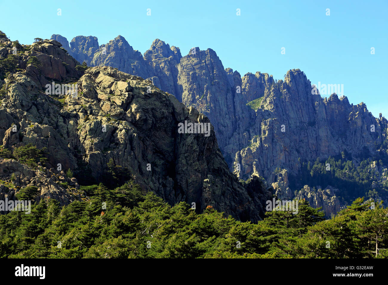 The needle-like summits of Bavella in Corsica, Alta-Rocca, France Stock Photo