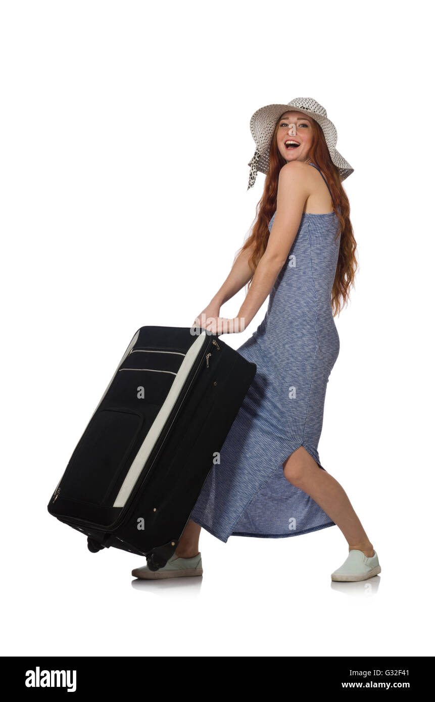 Woman with suitcase isolated on white Stock Photo Alamy
