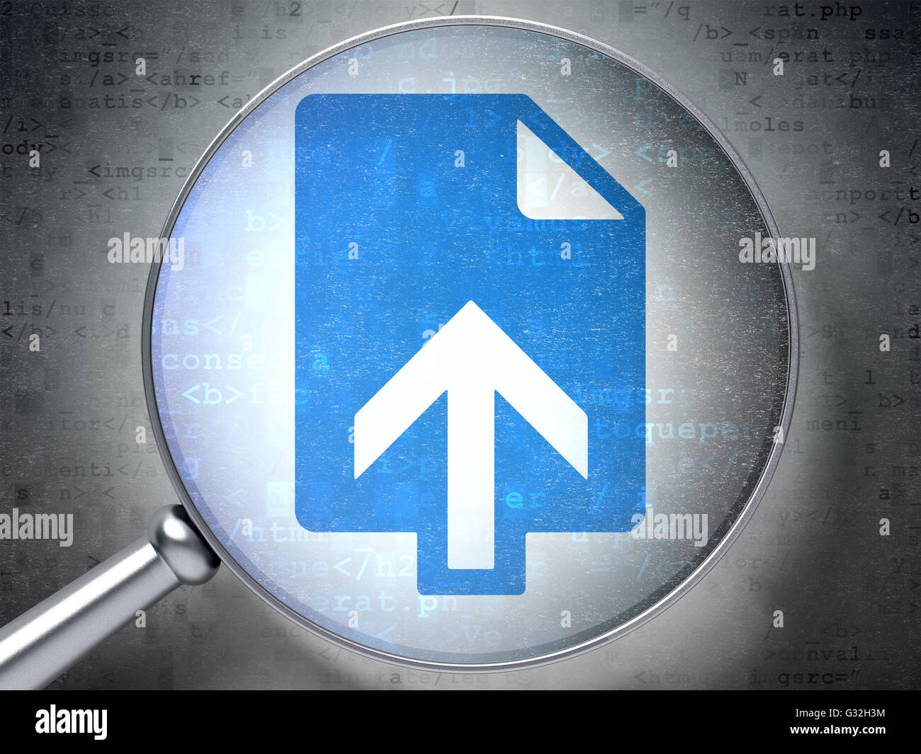 Web development concept: Upload with optical glass on digital ...