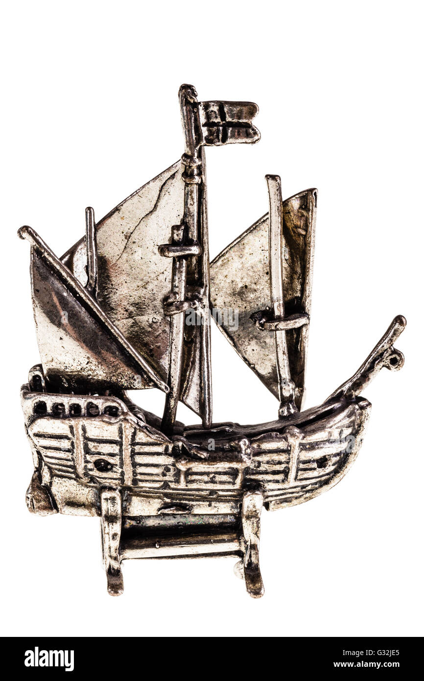 Silver reproduction of the columbus ship Nina isolated over a white background Stock Photo