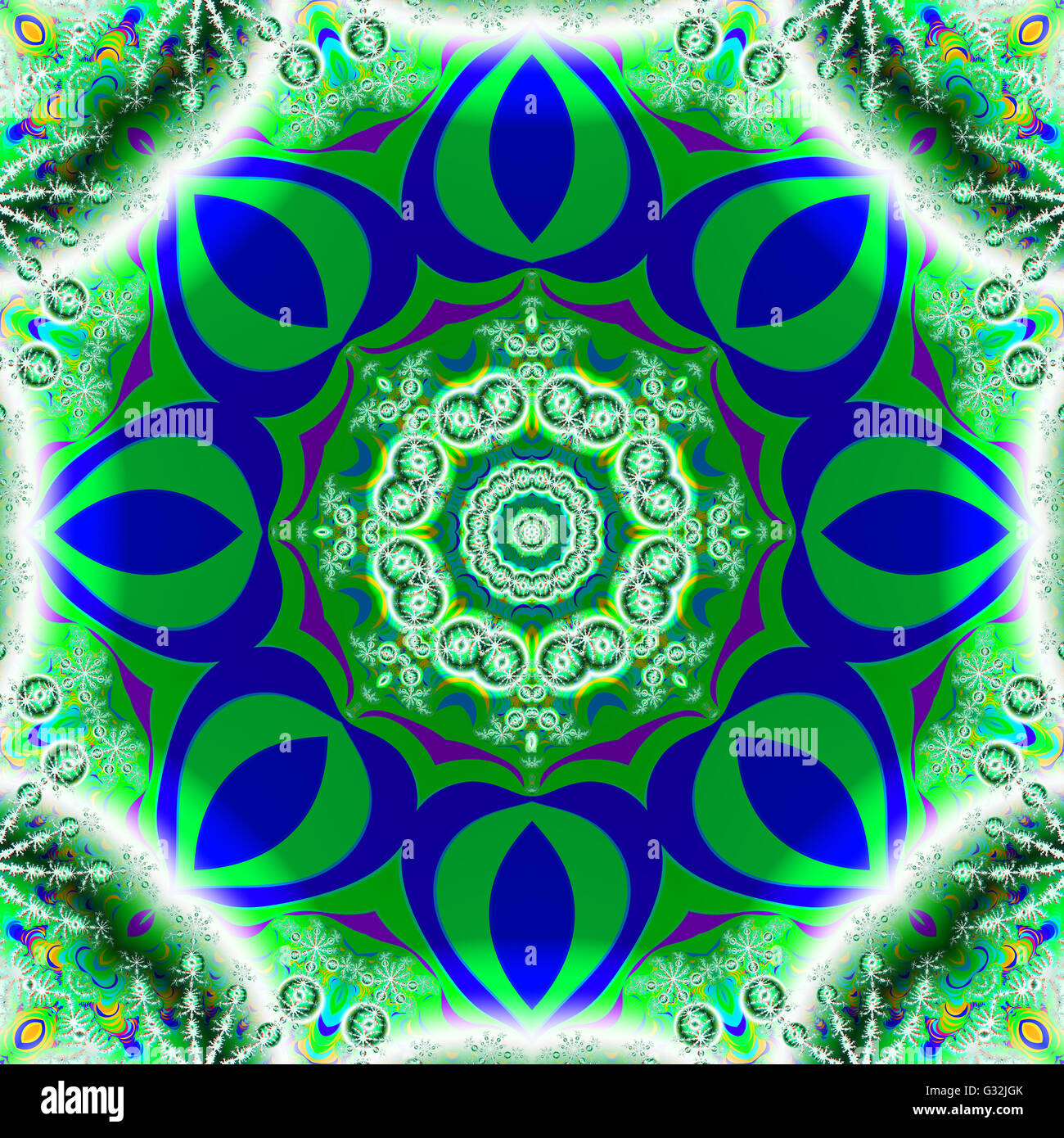 Geometrical fractal image in a vibrant green and blue octagonal shape Stock Photo