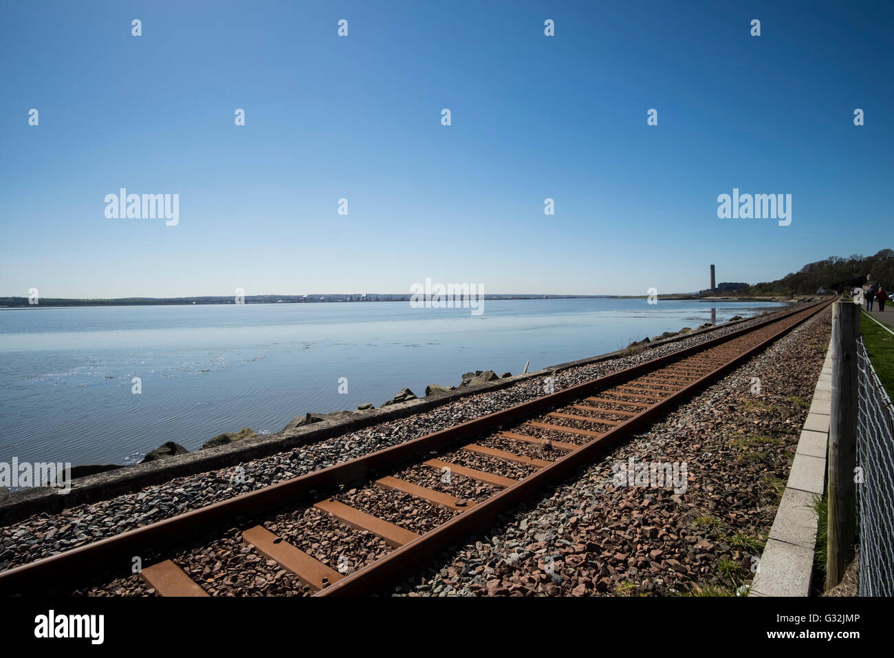 Railway line running along the Firth of Forth at Culross, Fife, Scotland Stock Photo