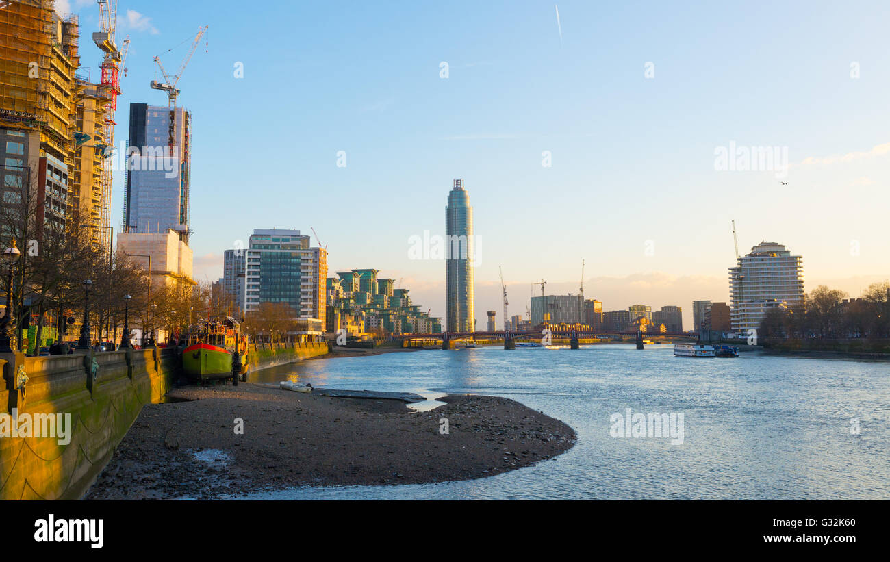 View of the Thames with Vauxhall bridge and St George Wharf Tower in the distance in a sunny day. London, UK Stock Photo