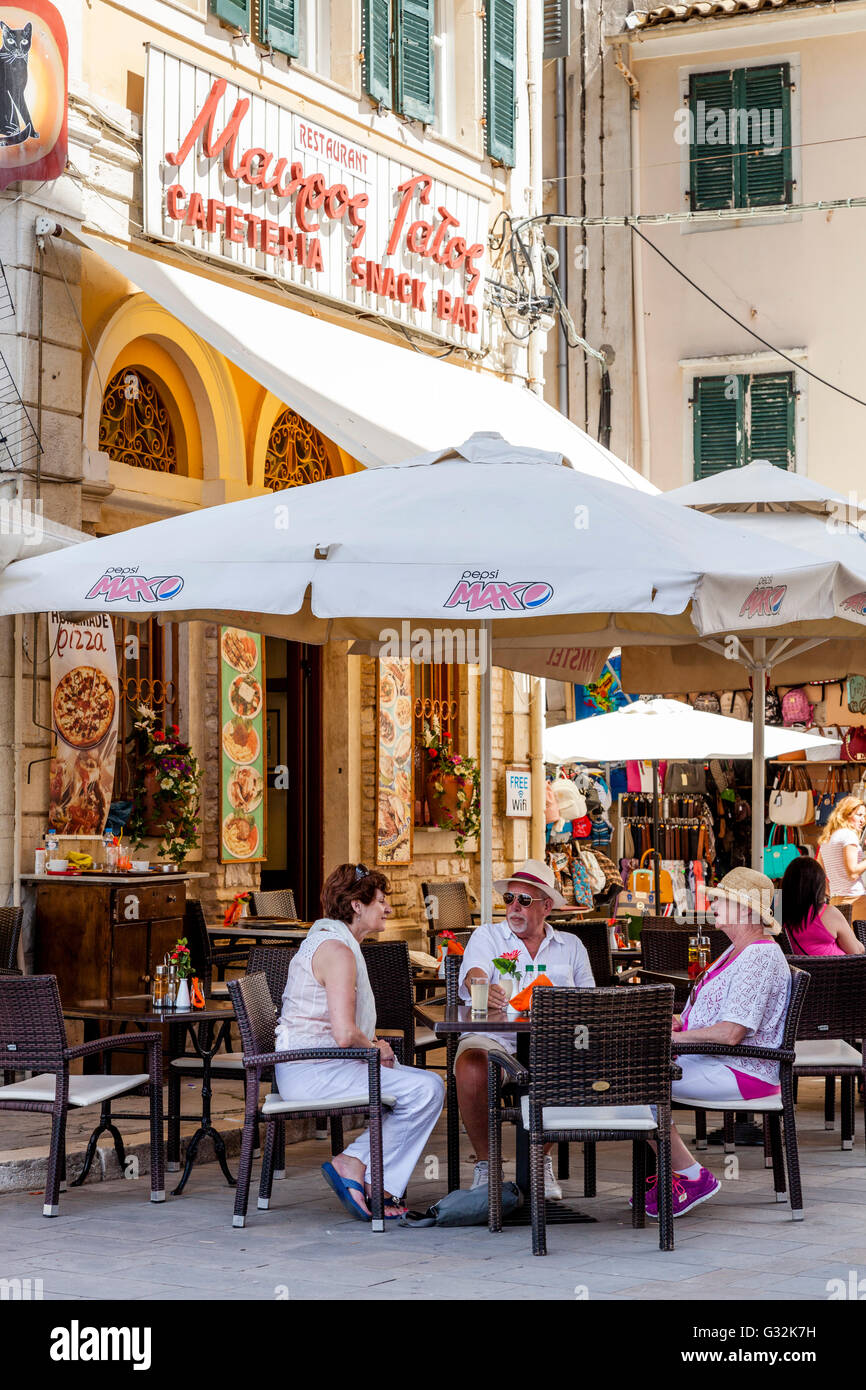 People Eating At A Restaurant In Corfu Town, Corfu Island, Greece Stock