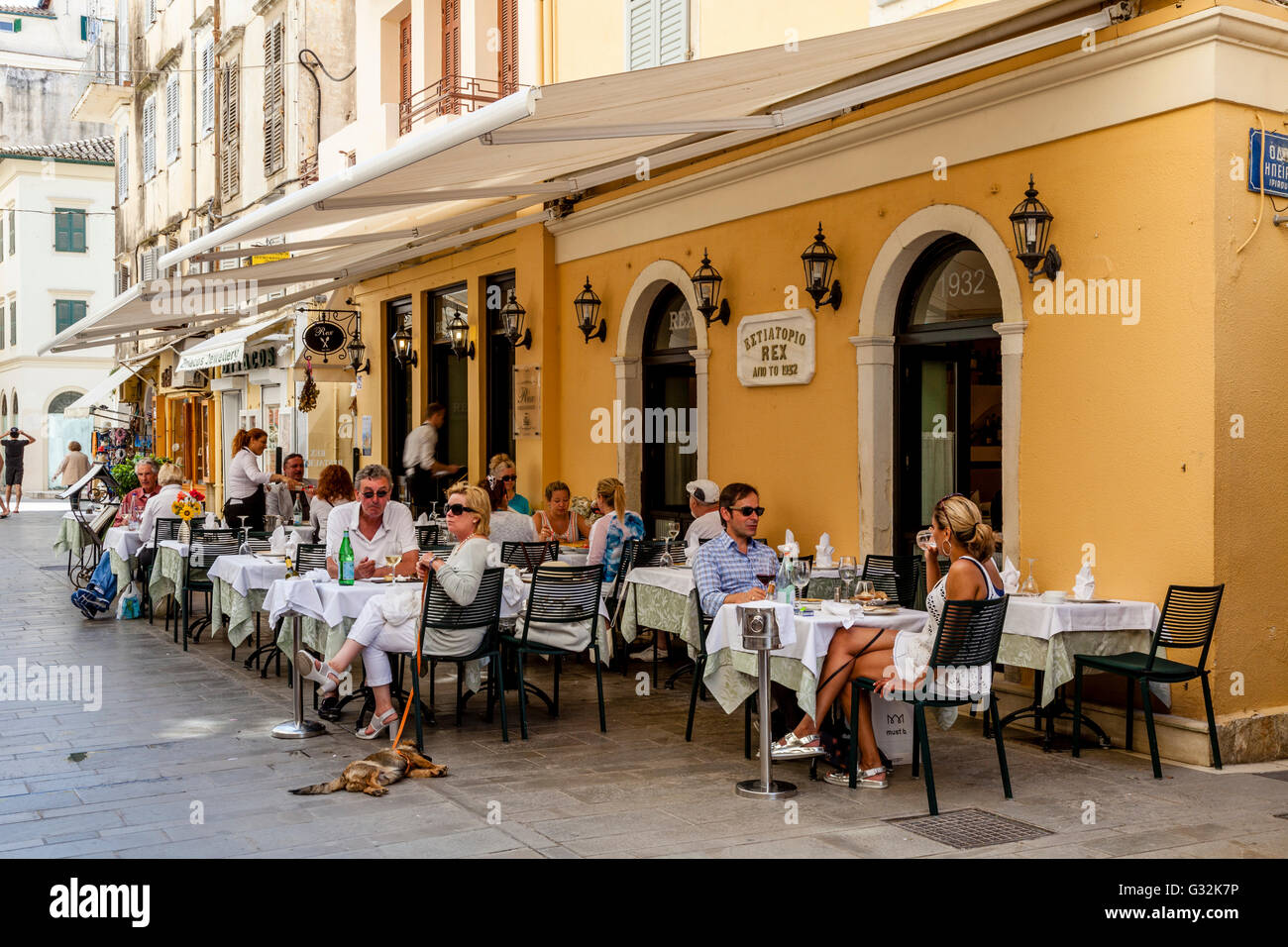 People Eating At A Restaurant In Corfu Town, Corfu Island, Greece Stock