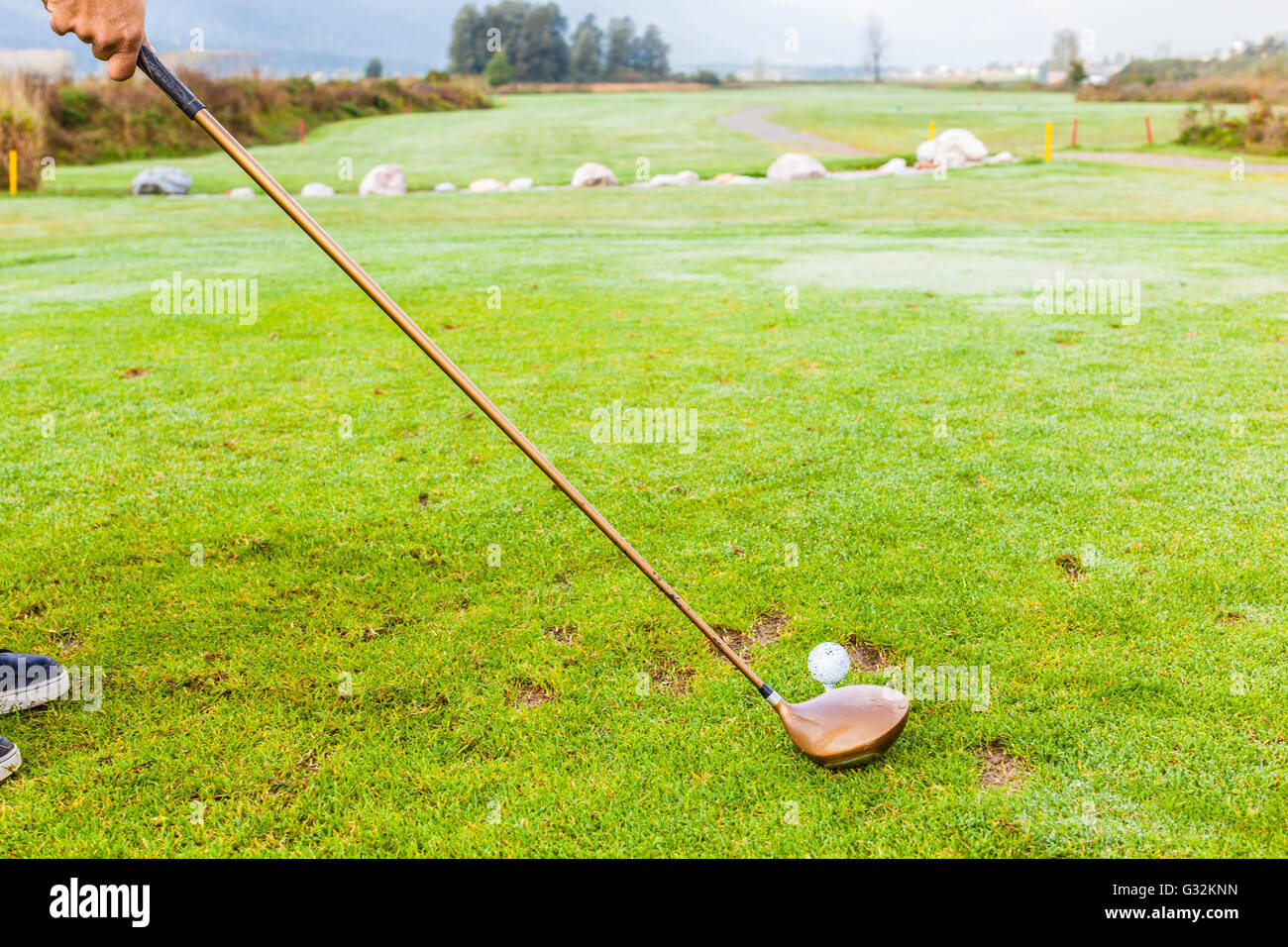 detail of a driver club and a golf ball on