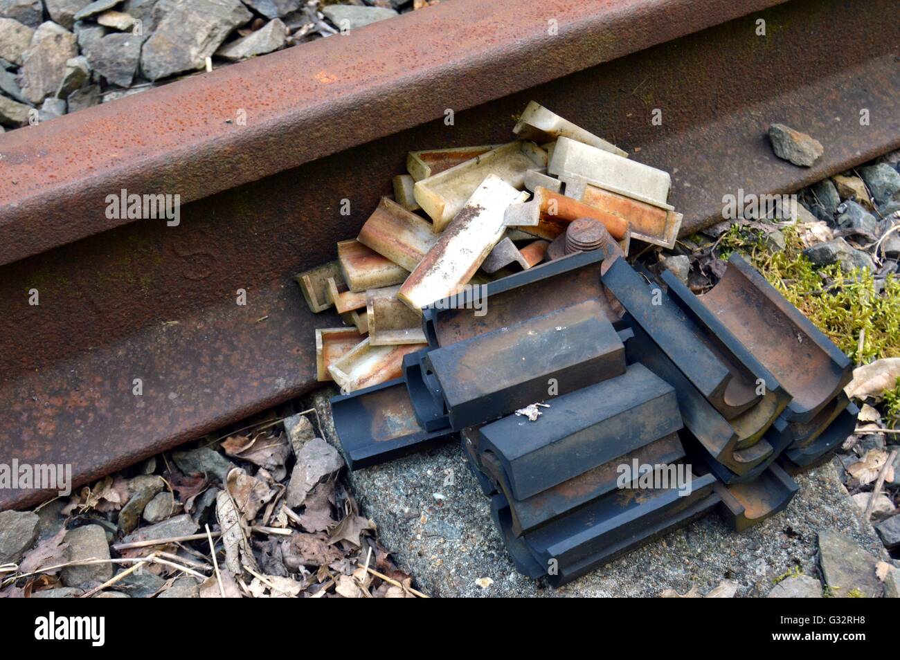 Heap of rubber insulating soles and nylon for fixation of rails of railroads. Stock Photo
