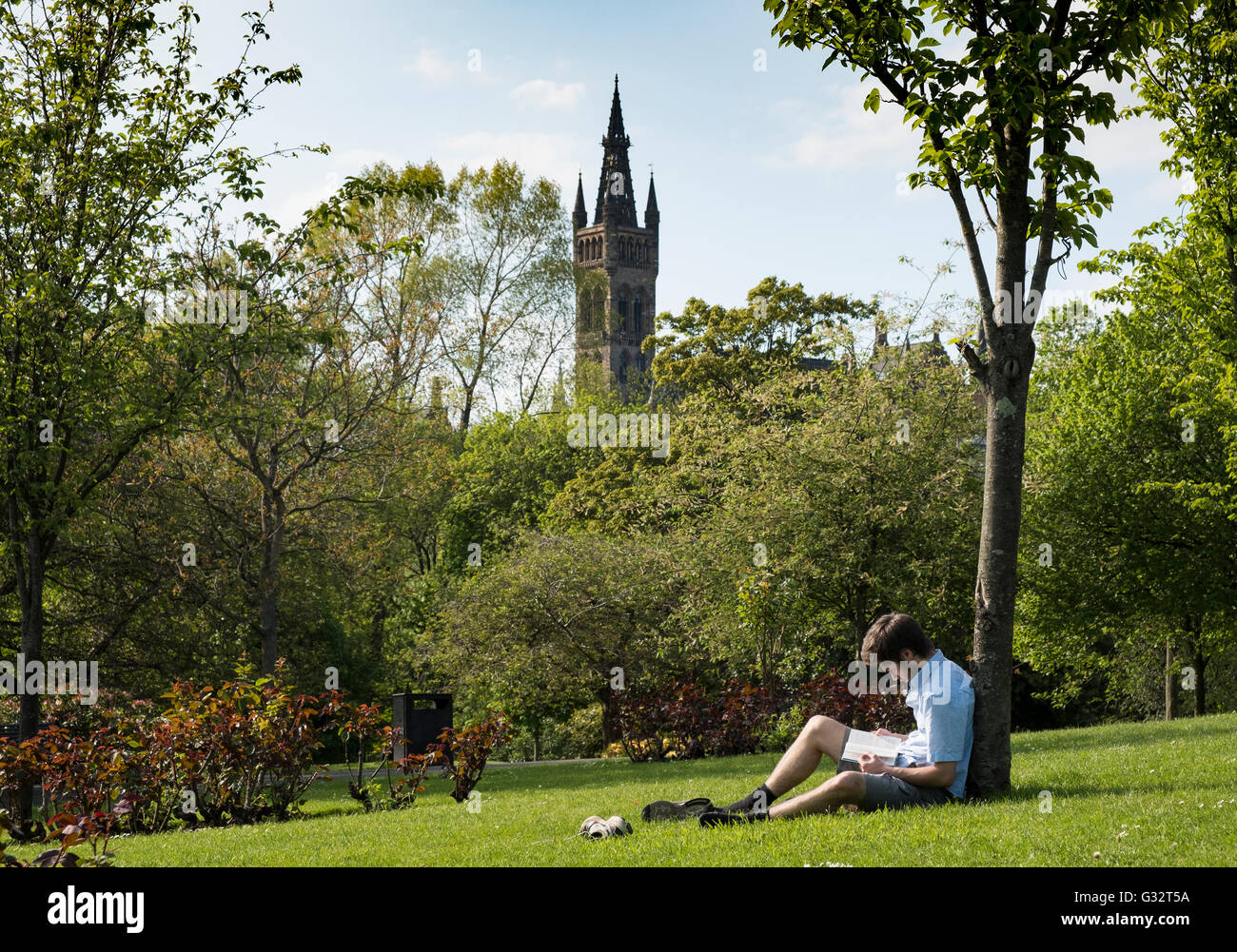 Student reading in Kelvingrove Park with Glasgow University to rear in Glasgow, Scotland, United Kingdom Stock Photo