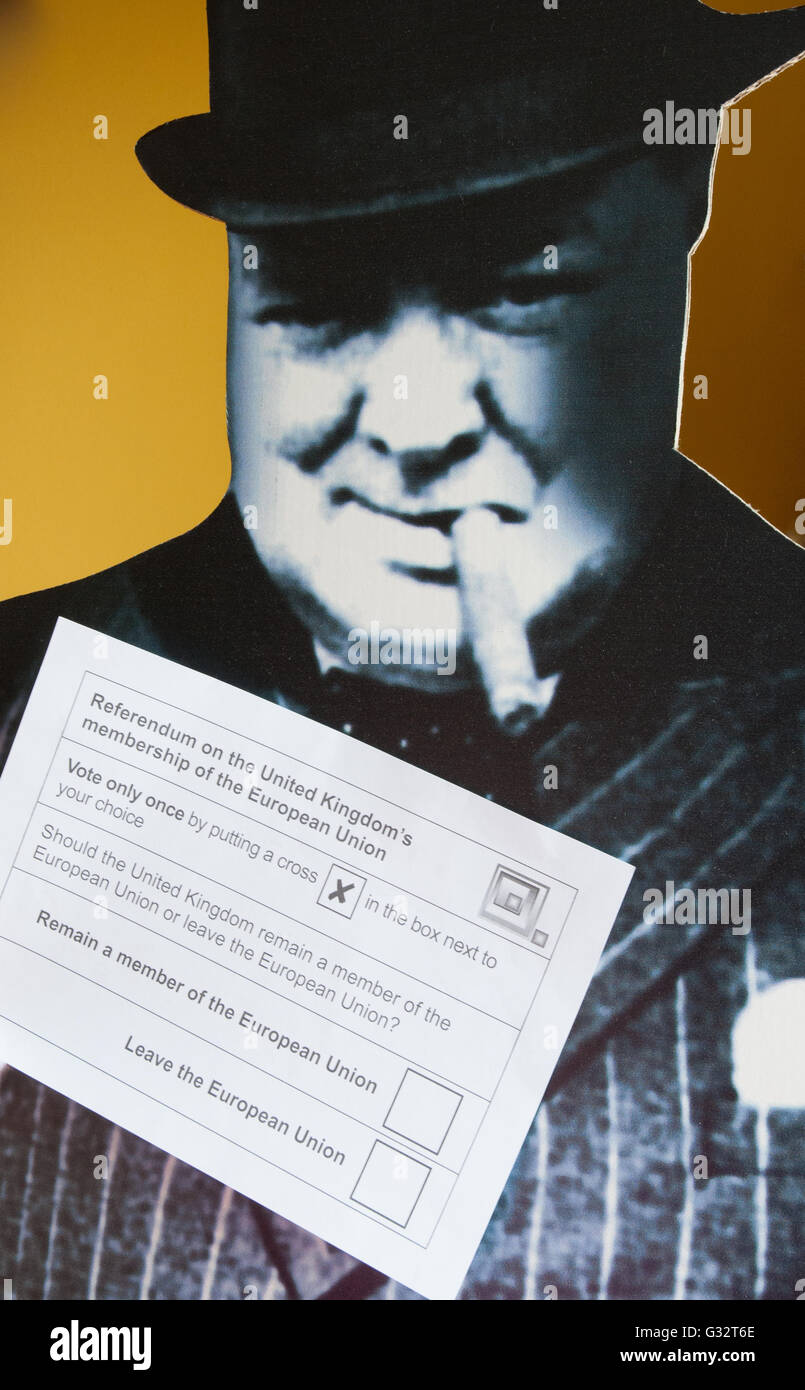 Cardboard cutout of Winston Churchill with ballot paper for British EU referendum Stock Photo