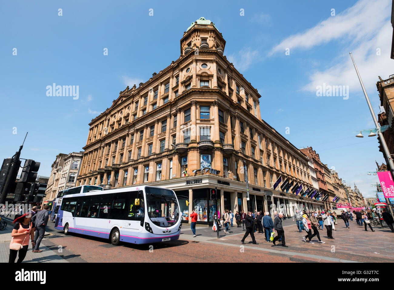 View of historic buildings on Buchanan Street and Argyl Street, popular shopping streets,  in central Glasgow United Kingdom Stock Photo