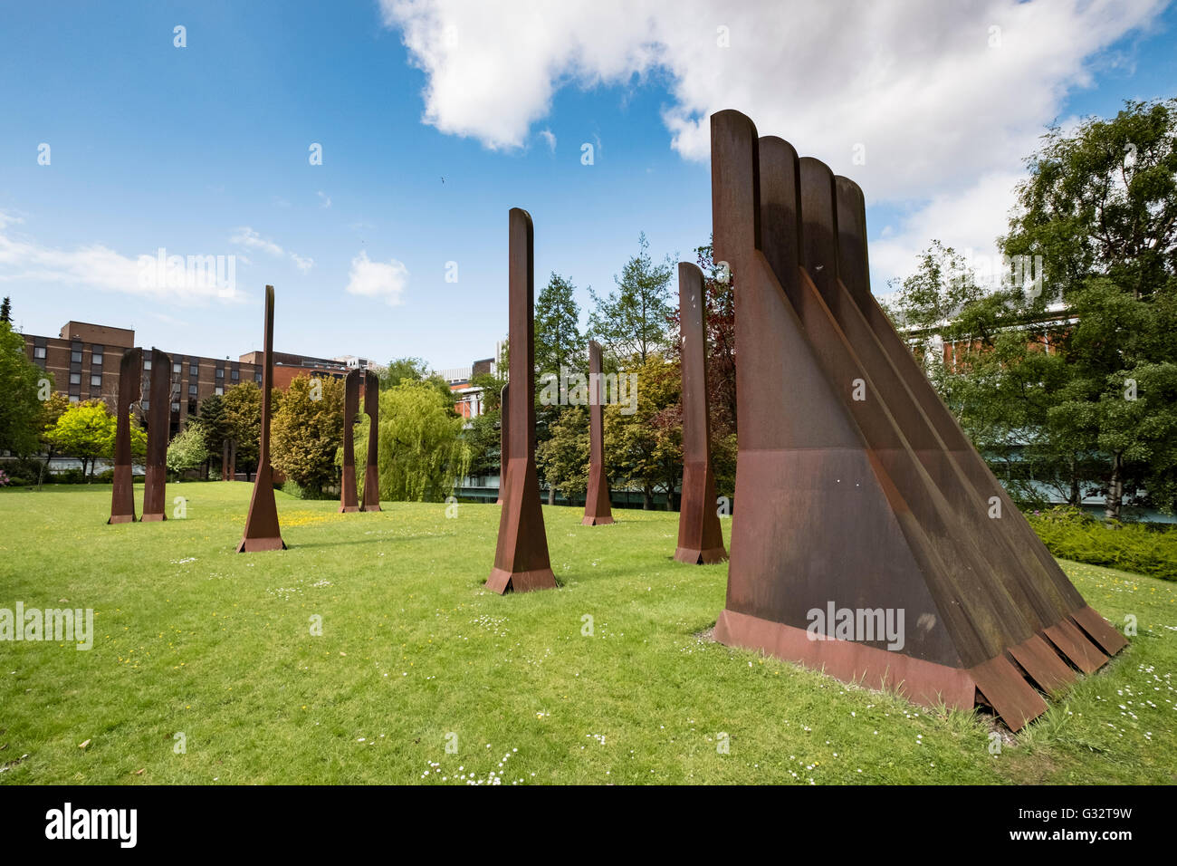 Sculpture of a giant safety pin by sculptor George Wyllie on the site of  the old Glasgow Royal (Rottenrow) Maternity Hospital Stock Photo - Alamy