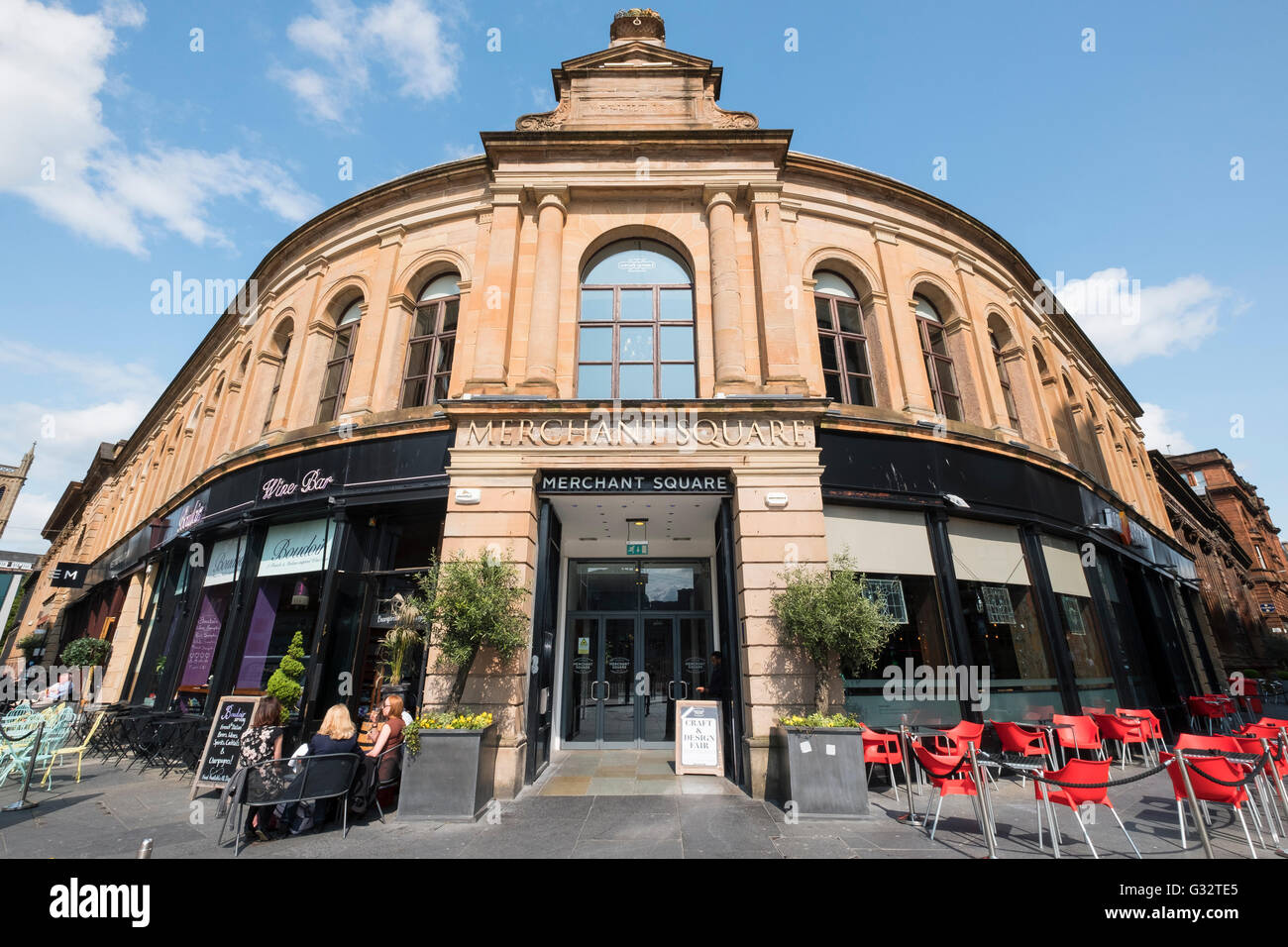 Exterior of Merchant Square building containing restaurant and bars in Merchant City district of Glasgow, Scotland, united Kingd Stock Photo