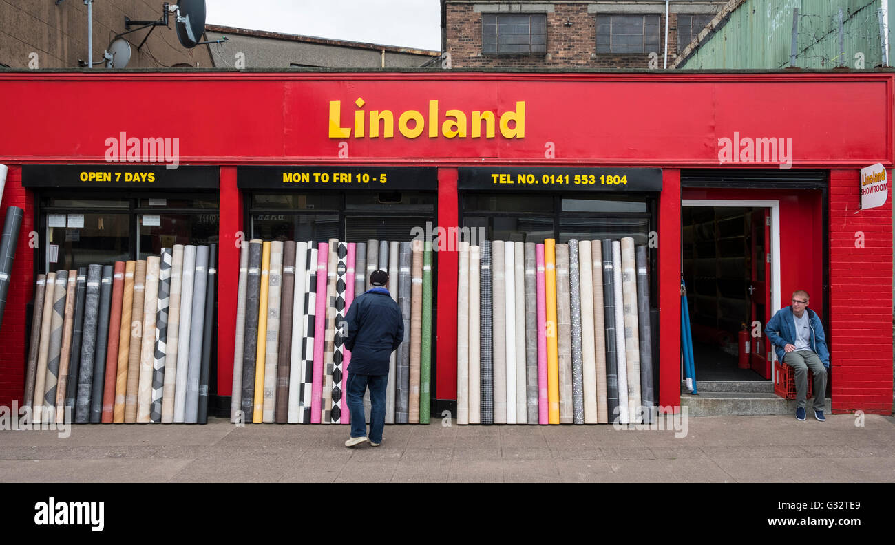 View of shop selling Linoleum flooring in Barras Market in Glasgow, Scotland, united Kingdom Stock Photo