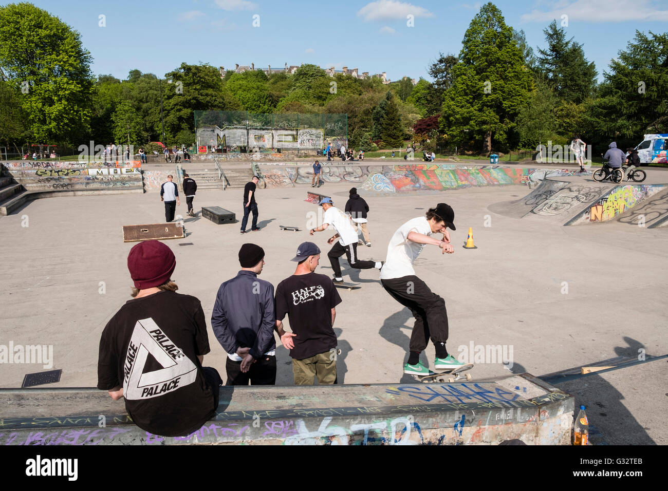 Skateboarders at skatepark in Kelvingrove Park in Glasgow, Scotland