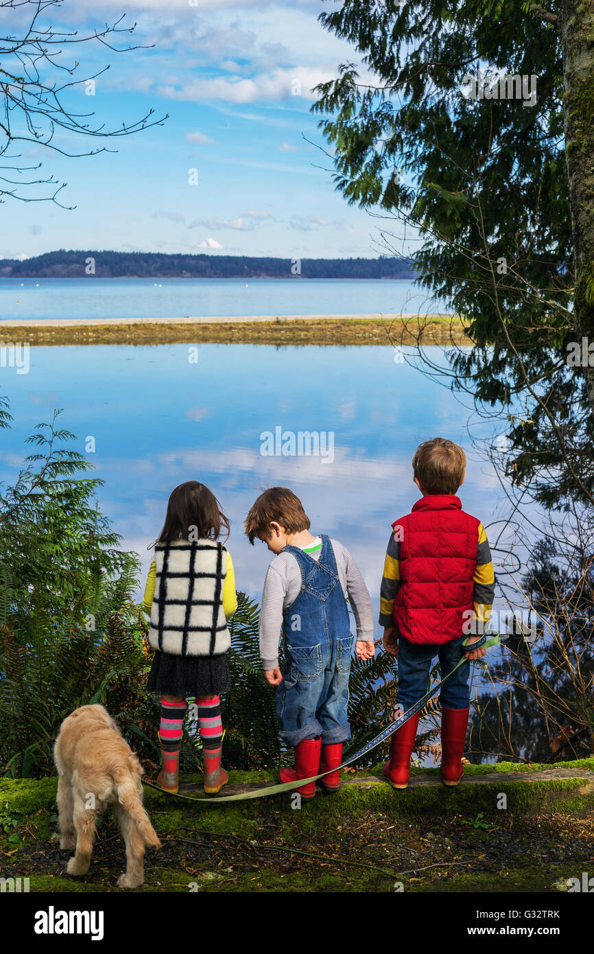 Two boys and a girl with golden retriever puppy dog looking at ocean Stock Photo