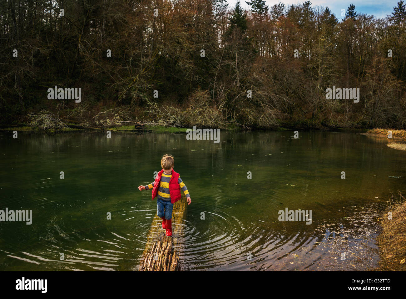 Boy walking on log in lake Stock Photo
