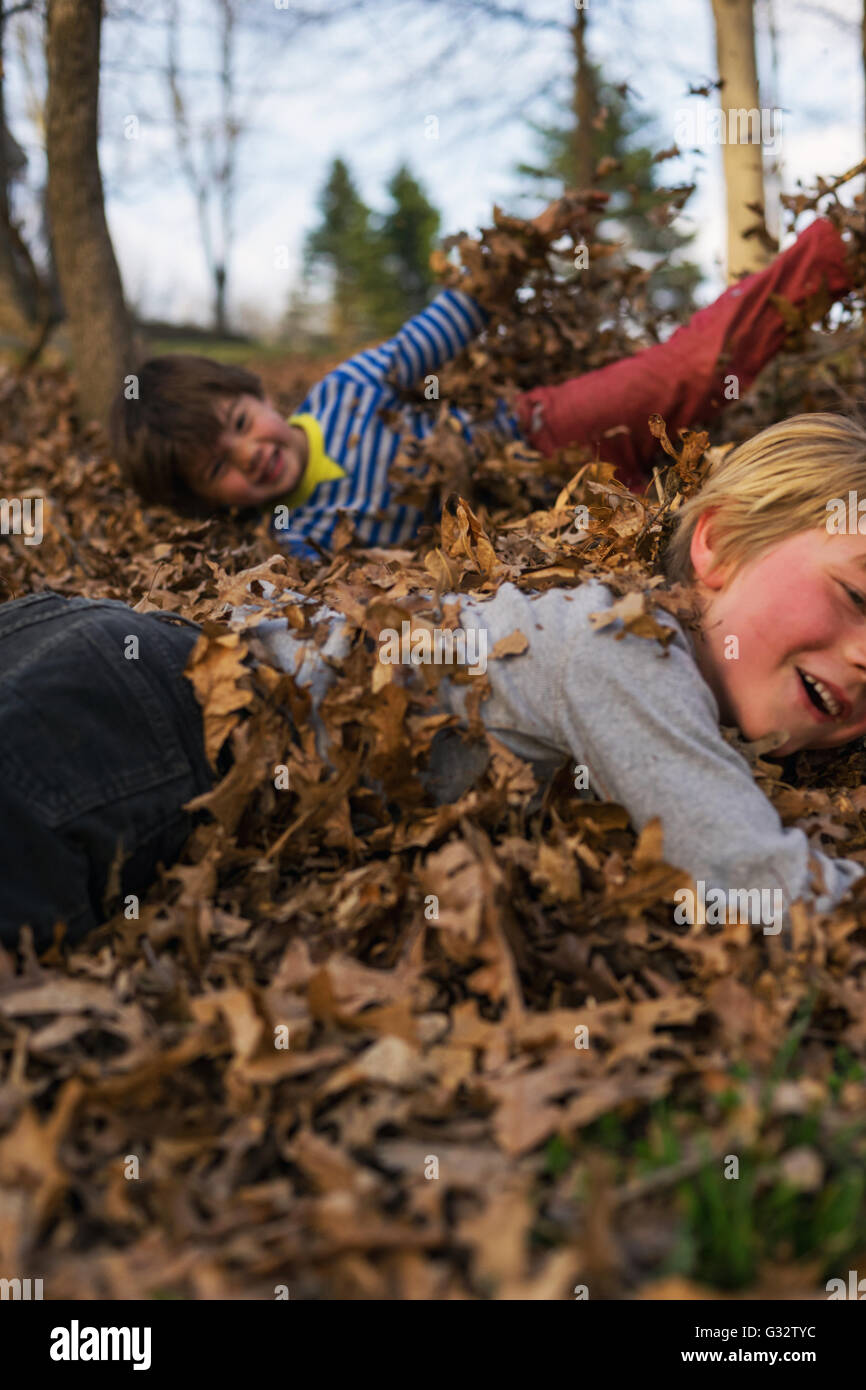 Two boys rolling around in autumn leaves Stock Photo