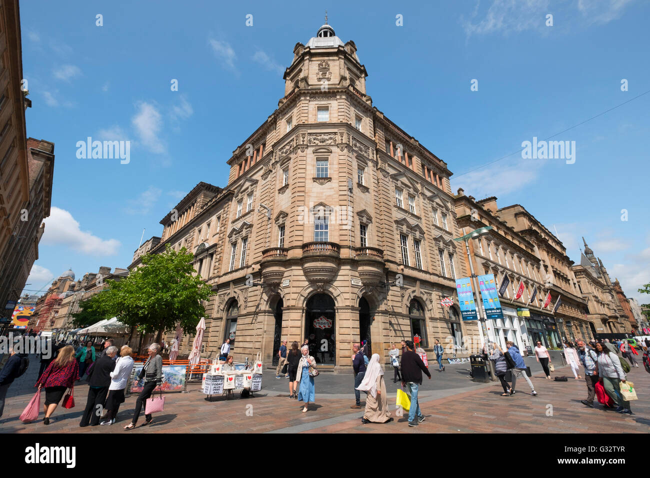 View of historic buildings on Buchanan Street, popular shopping street,  in central Glasgow United Kingdom Stock Photo