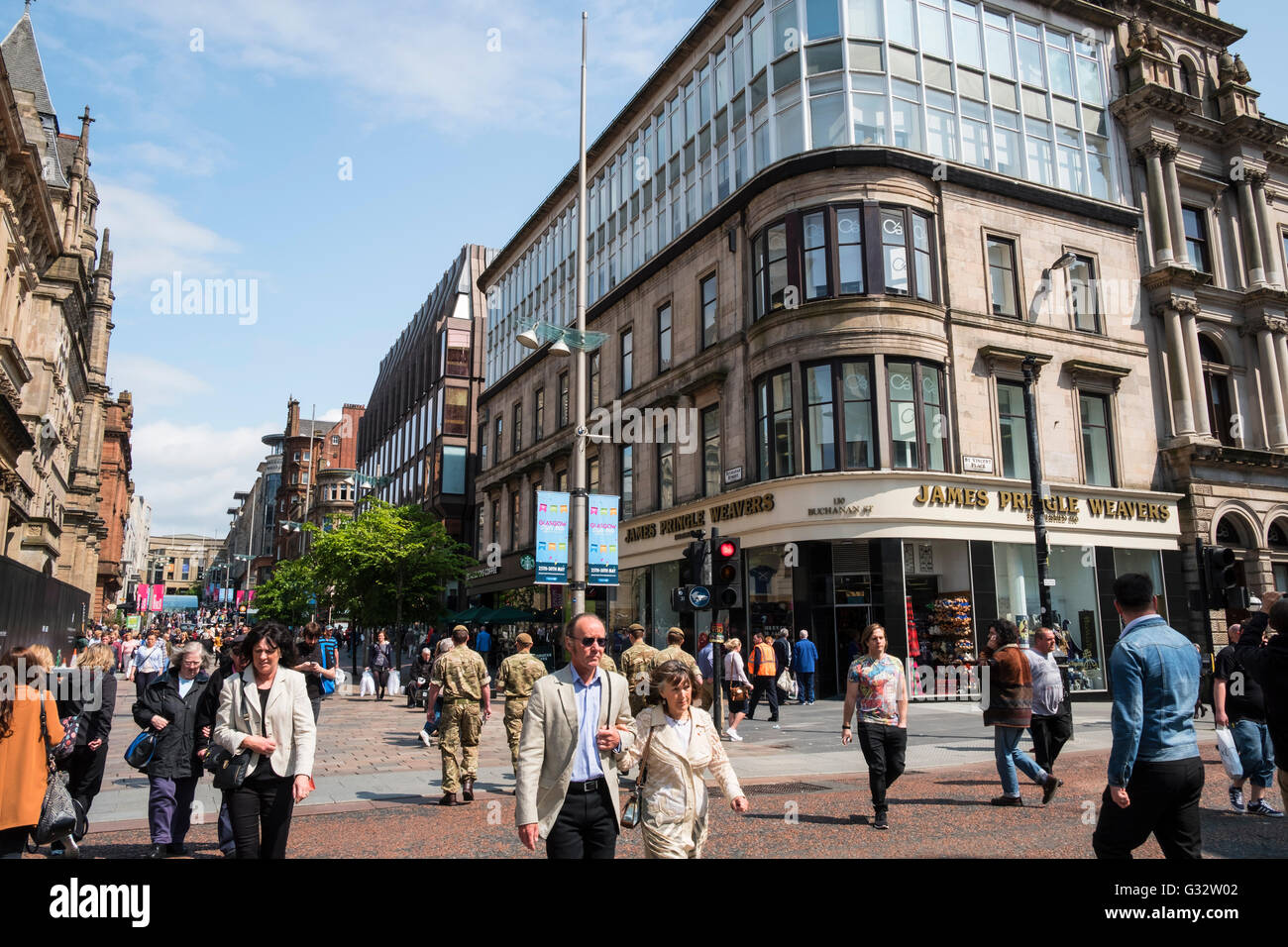 View of historic buildings on Buchanan Street, popular shopping street,  in central Glasgow United Kingdom Stock Photo