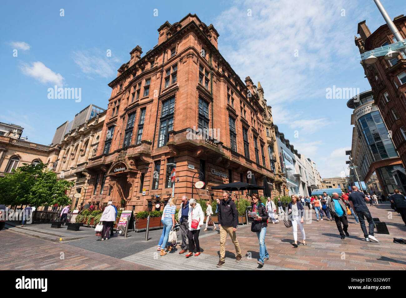 View of historic buildings on Buchanan Street, popular shopping street,  in central Glasgow United Kingdom Stock Photo