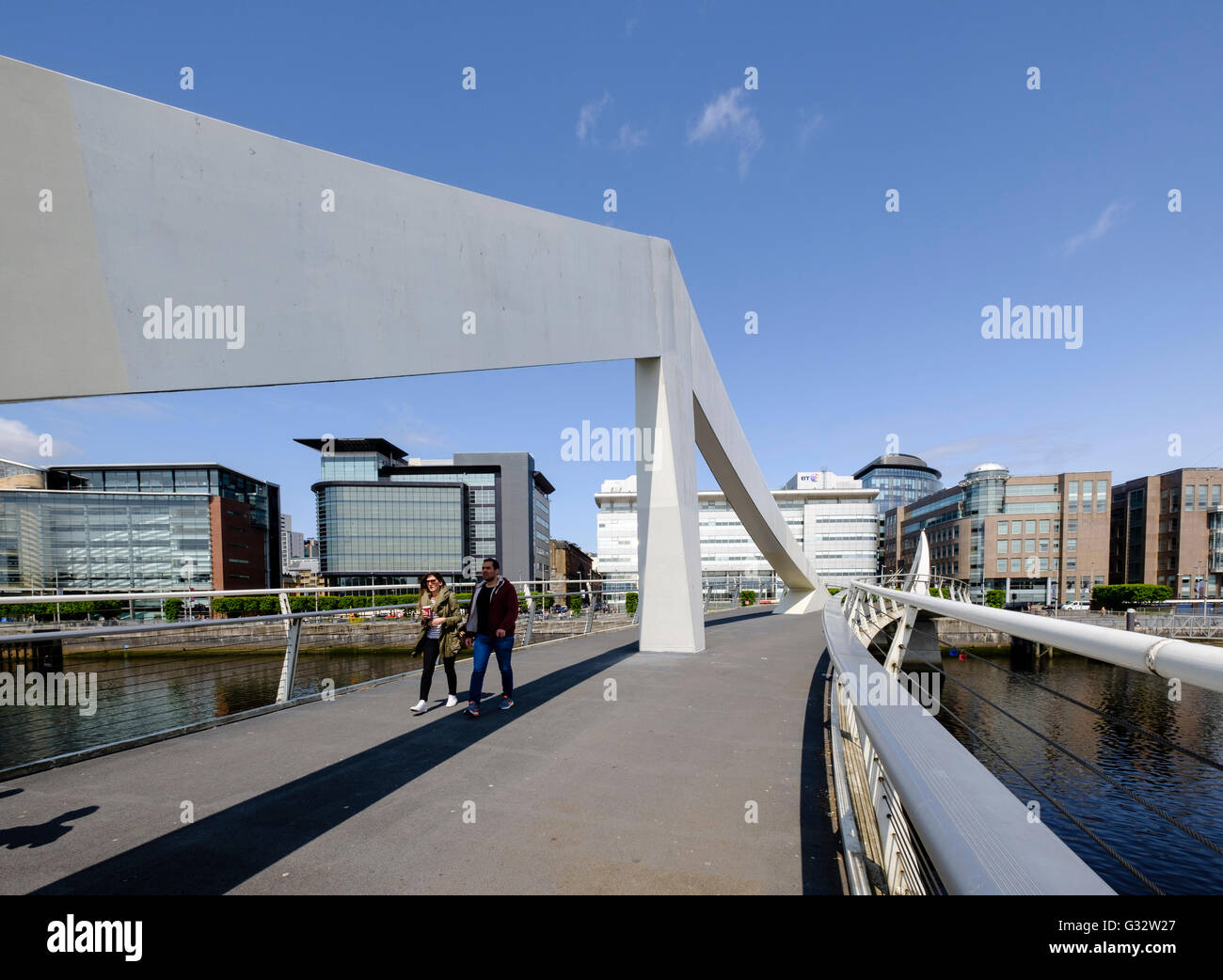 Tradeston Bridge , modern footbridge, crossing the River Clyde at Broomielaw in Glasgow United Kingdom Stock Photo