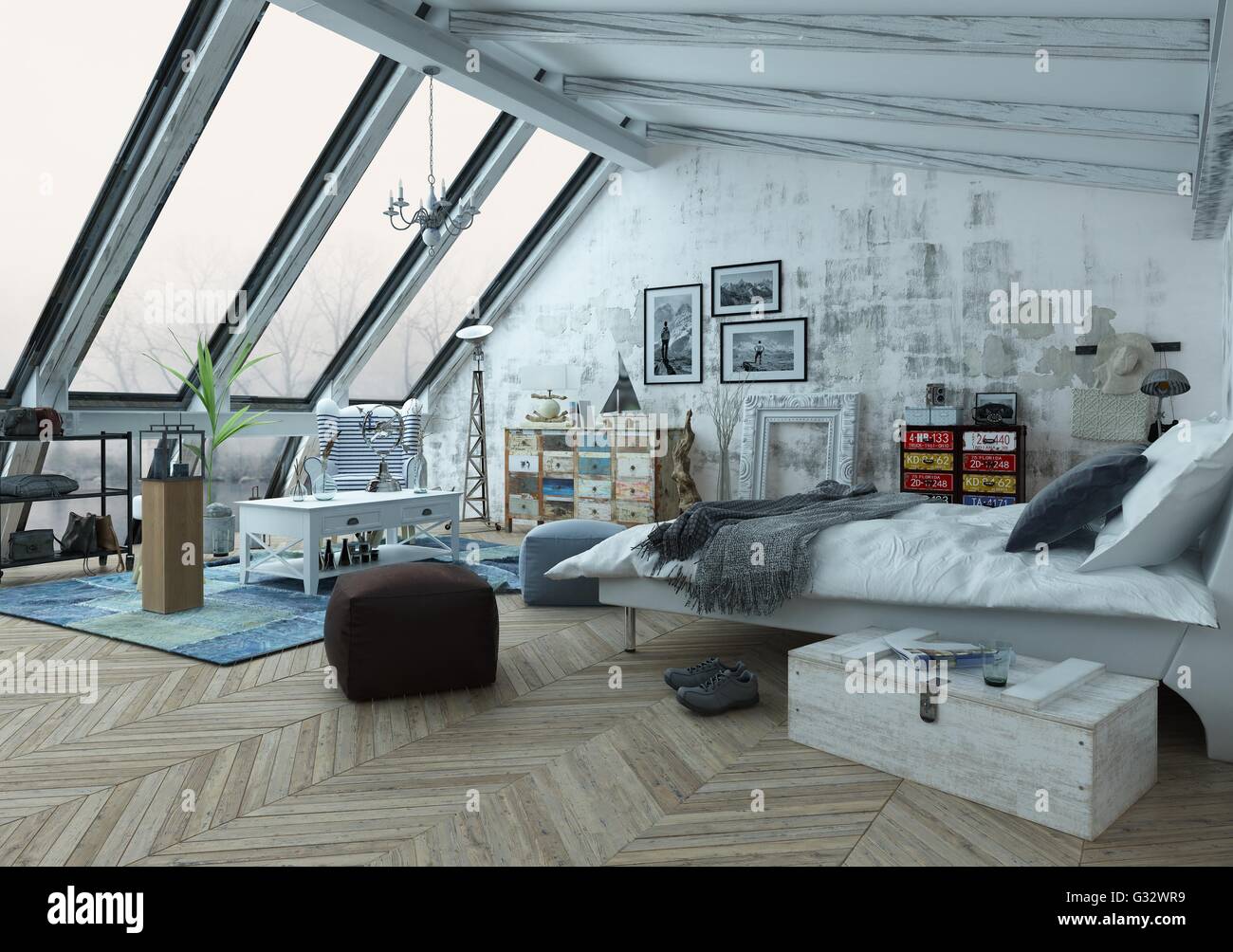 Loft Bedroom Covered In Hardwood Floors With Pictures Seat