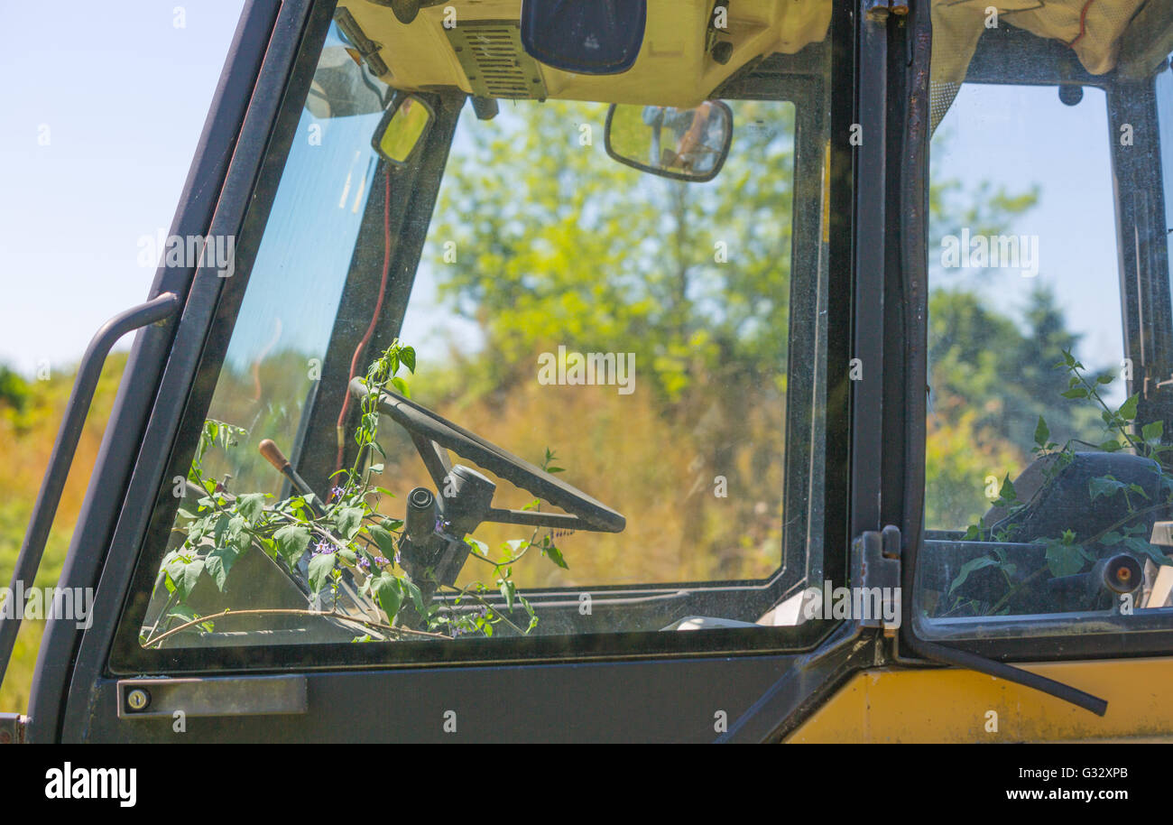 cab of a front loader with plants growing in it Stock Photo