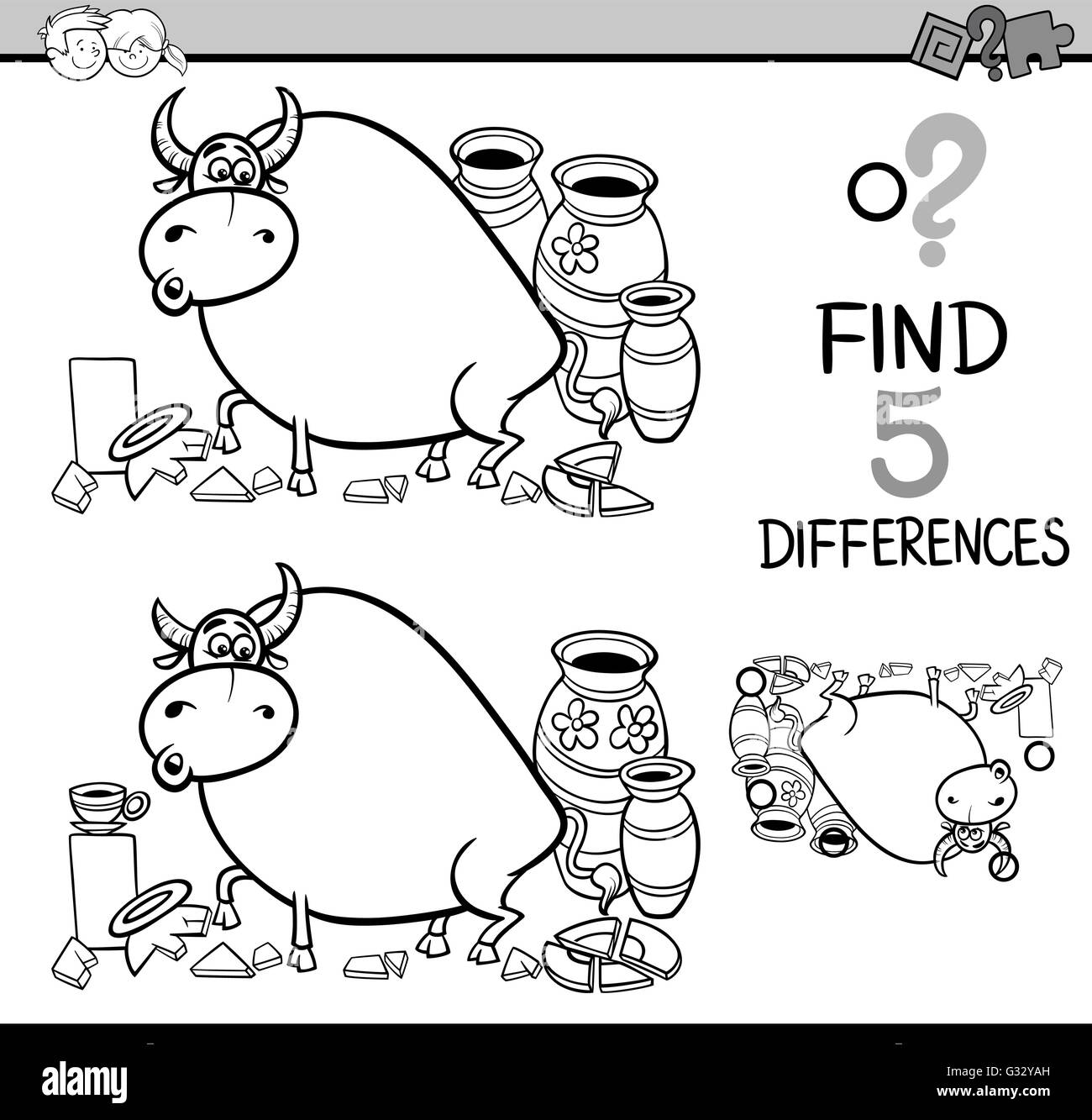 Black and White Cartoon Illustration of Finding Differences Educational Activity Task for Preschool Children with Bull in a Chin Stock Vector