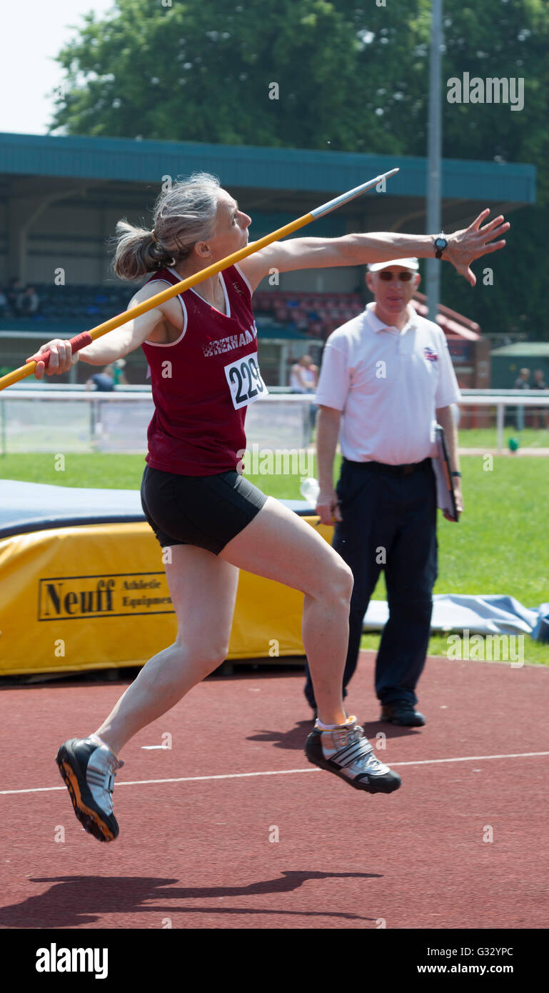 Masters athletics UK. Woman javelin thrower Stock Photo Alamy