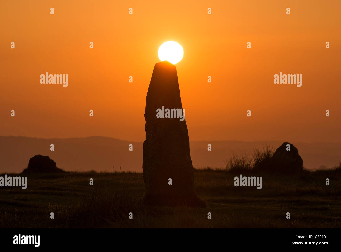 Sunset at Mitchell's Fold Stone Circle at sunset in south Shropshire, England, UK. Stock Photo