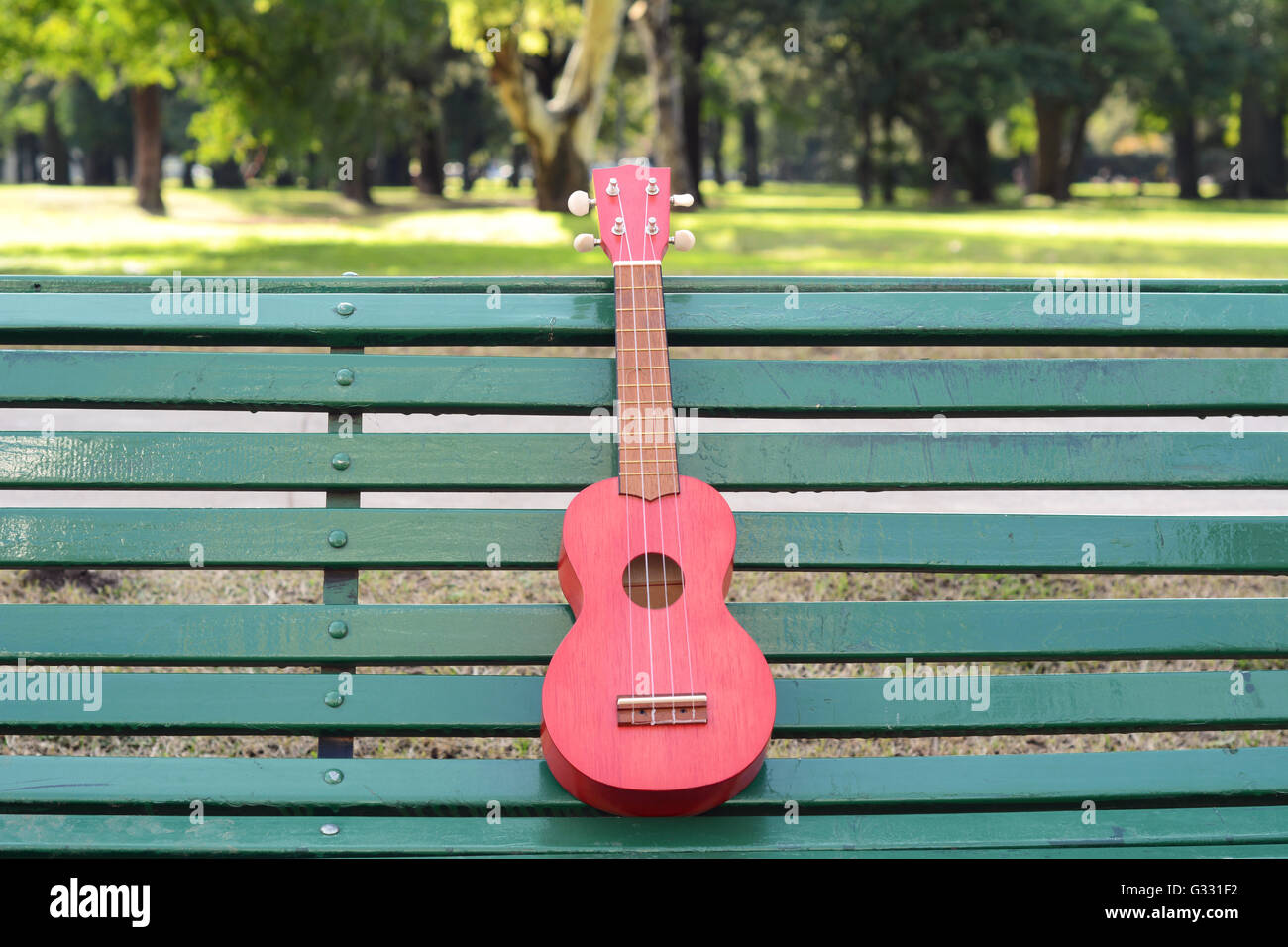 A ukulele on a park bench. Outdoors. Stock Photo