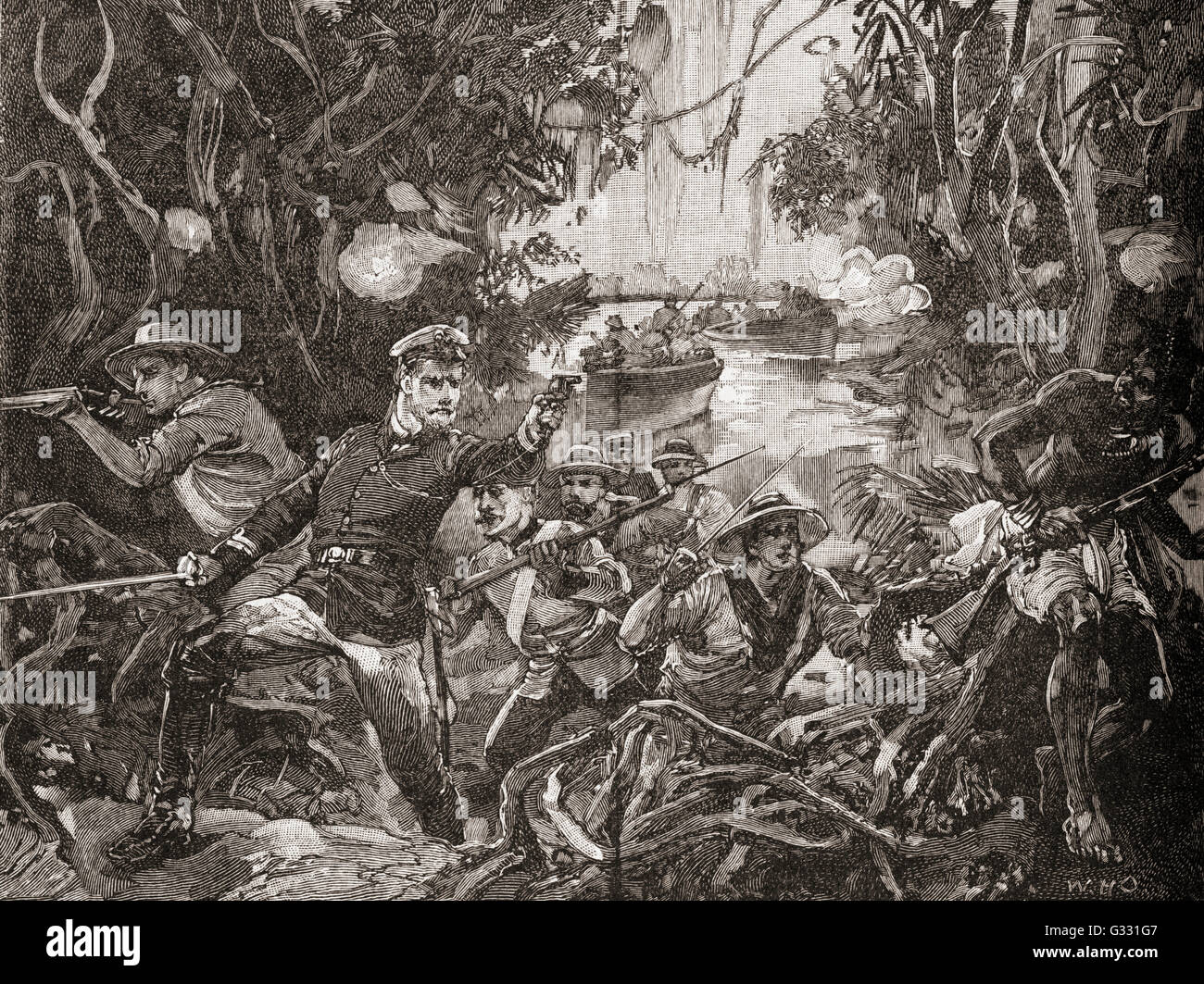 British navy punitive expedition attacking pirates who had killed crew members of the schooner Geraldine which had run aground in the Congo, 1875. Stock Photo