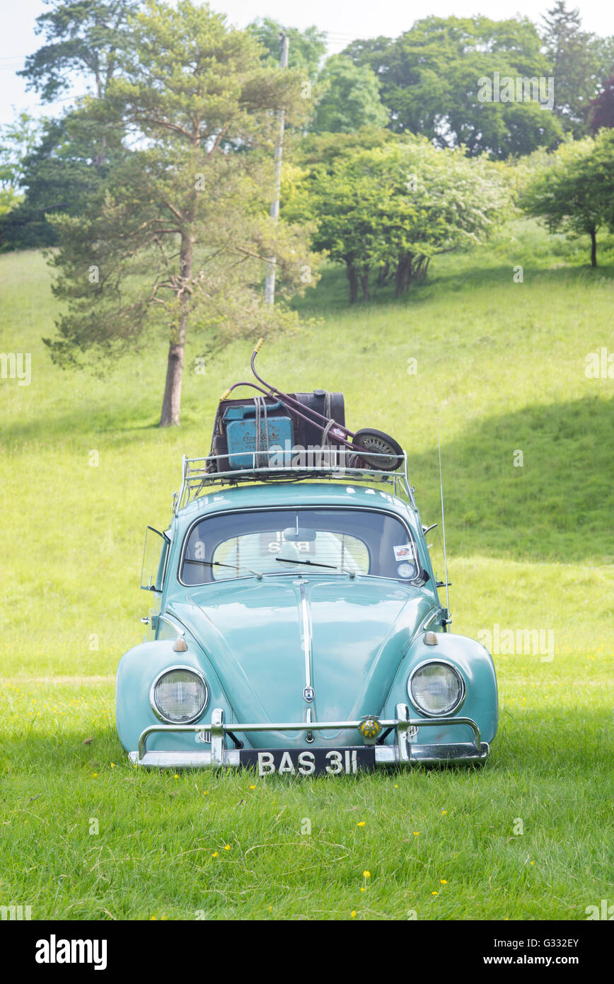 1961 VW Beetle car with luggage on the roof rack at a VW show. Oxfordshire, England Stock Photo