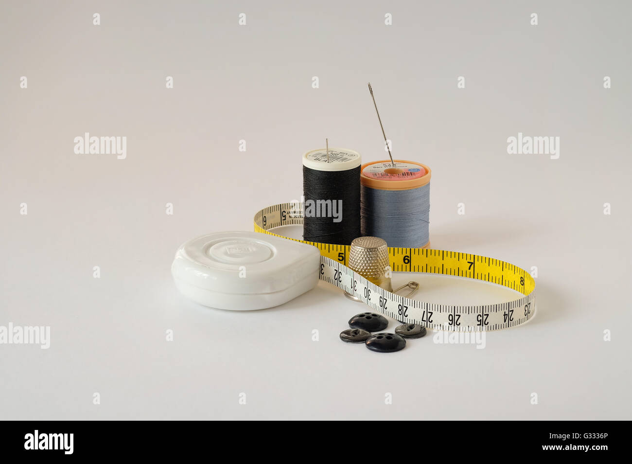 Collection of sewing kit on white background Stock Photo - Alamy
