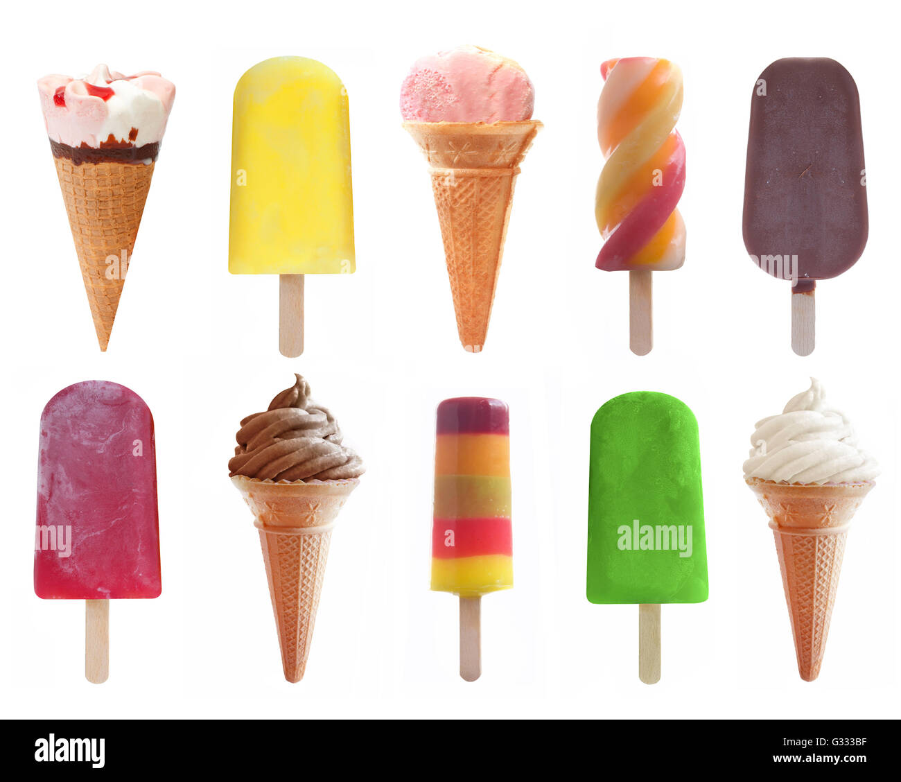 Various flavors of icecream, ice lollies and popsicles as a collection over a white background Stock Photo