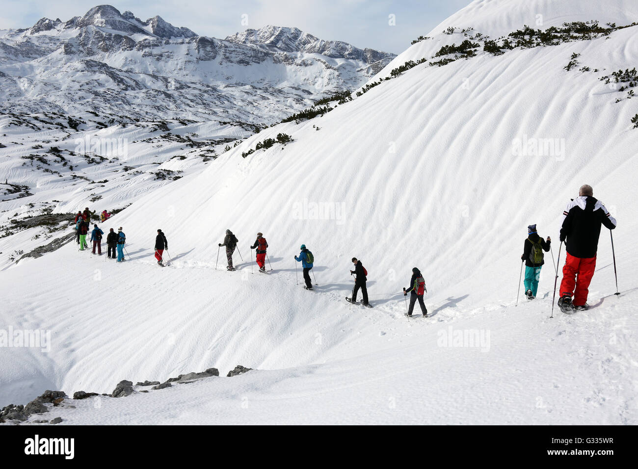Krippenbrunn, Austria, people make a snowshoe hike on the Krippenstein