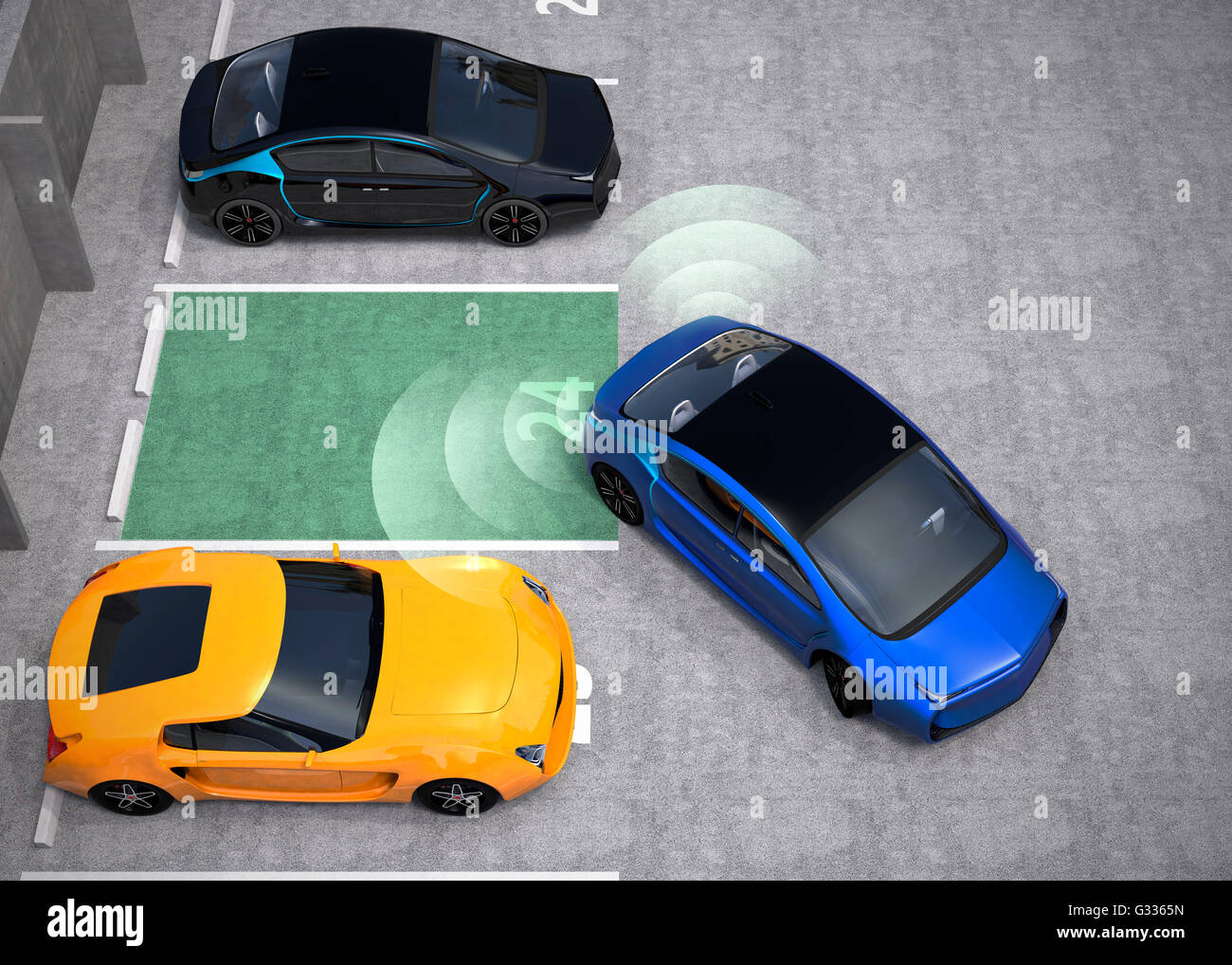 Blue electric car driving into parking lot with parking assist system. 3D rendering image. Stock Photo