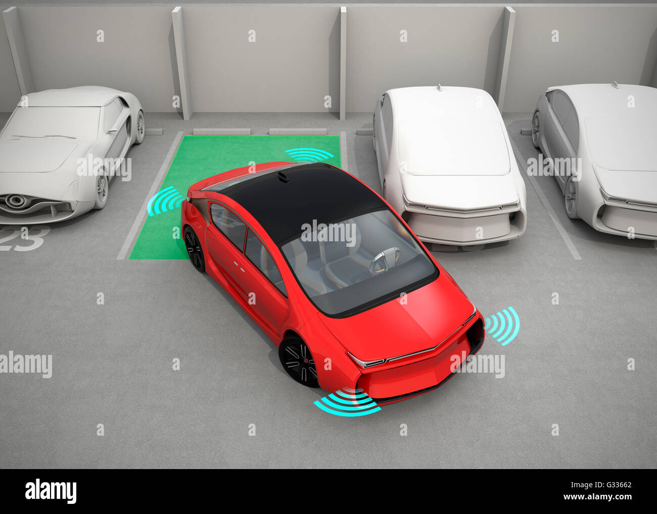 Red electric car driving into parking lot with parking assist system. 3D rendering image. Stock Photo