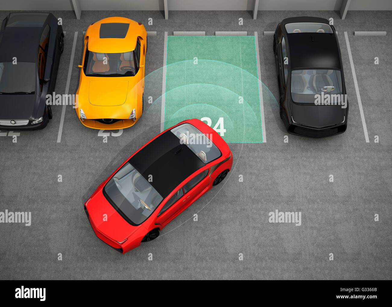 Red electric car driving into parking lot with parking assist system. 3D rendering image. Stock Photo