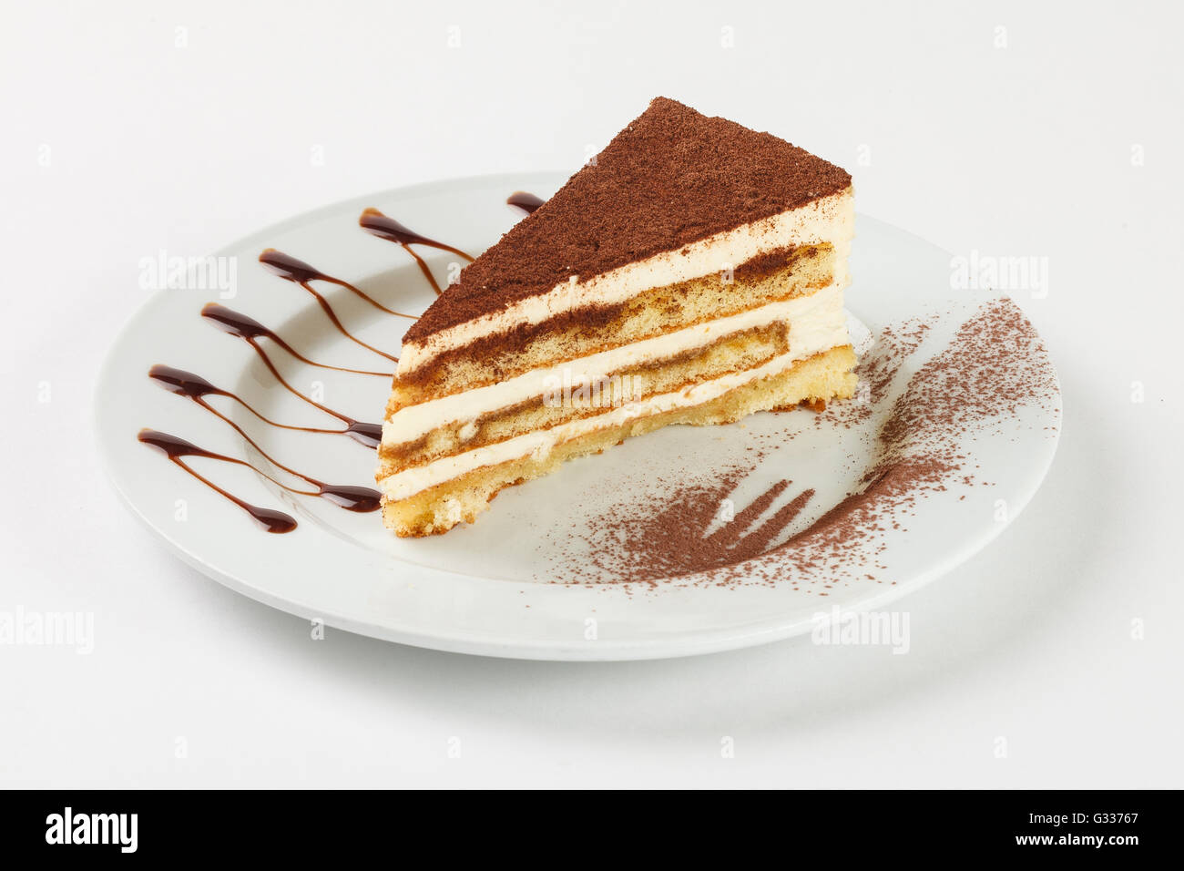 Delicious chocolate cream cake on the plate on white background. Close ...