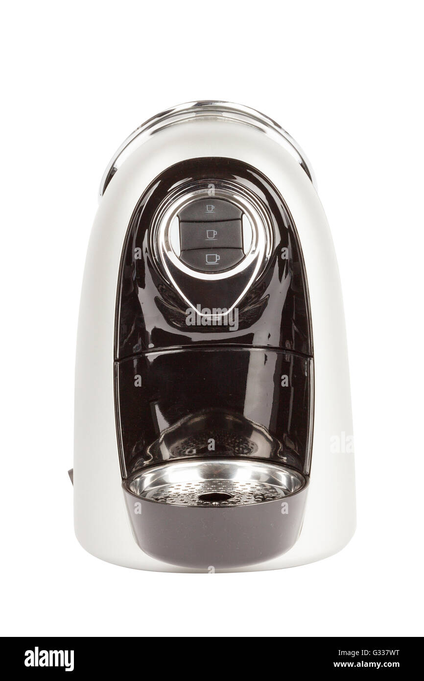 Capsule espresso coffee maker or coffee machine. Side view. Isolated on