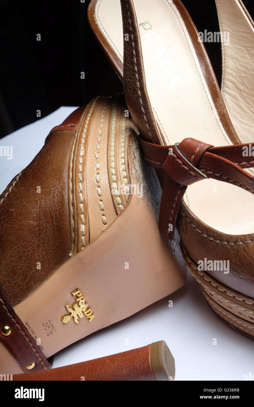 Classic hand-made Italian designer Prada shoes. Stock Photo