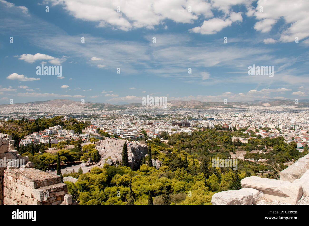 Panoramic view of the city of Athens from Acropolis Hill blue sky and clouds in Greece. Stock Photo