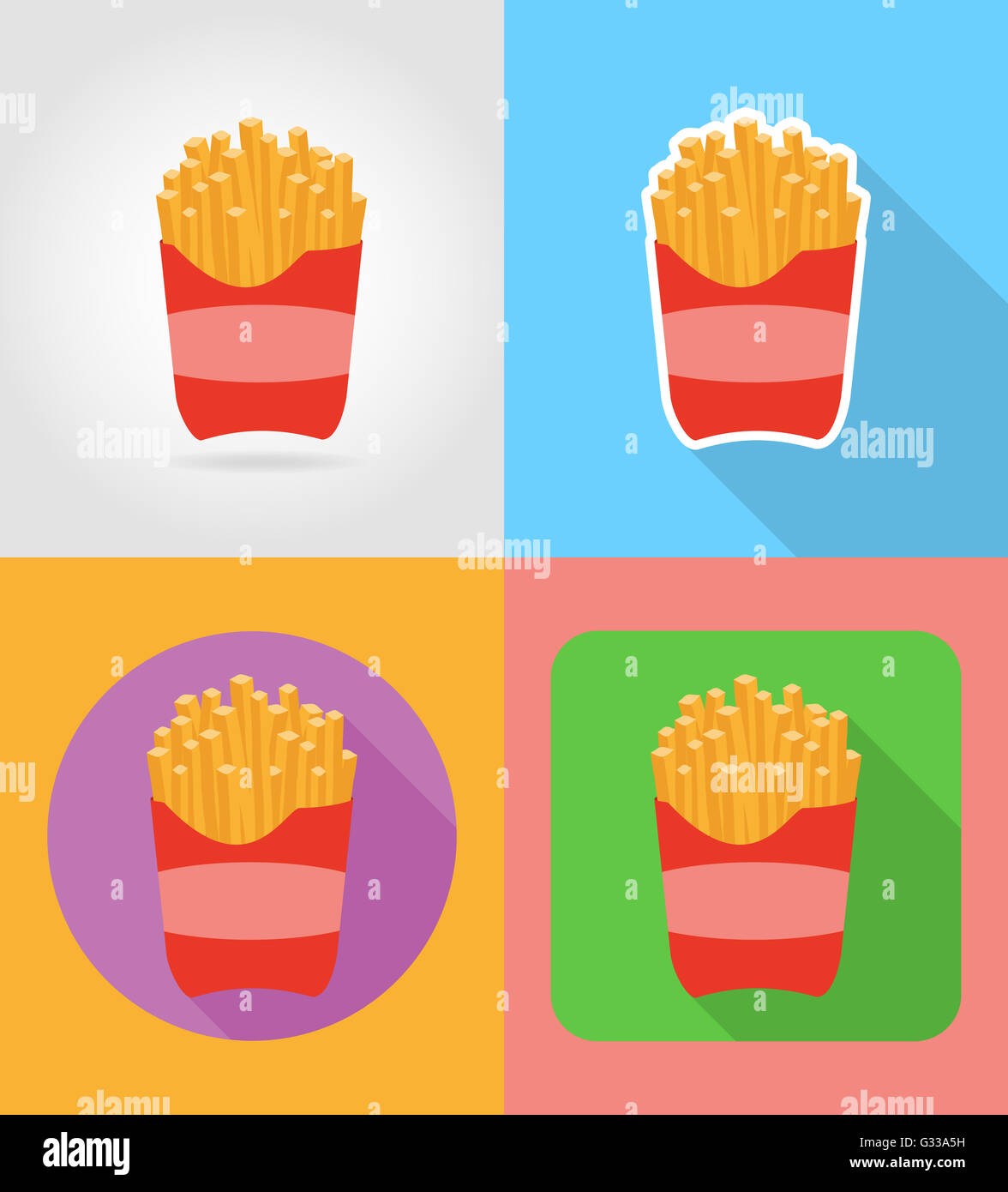 fried potatoes fast food flat icons with the shadow illustration ...